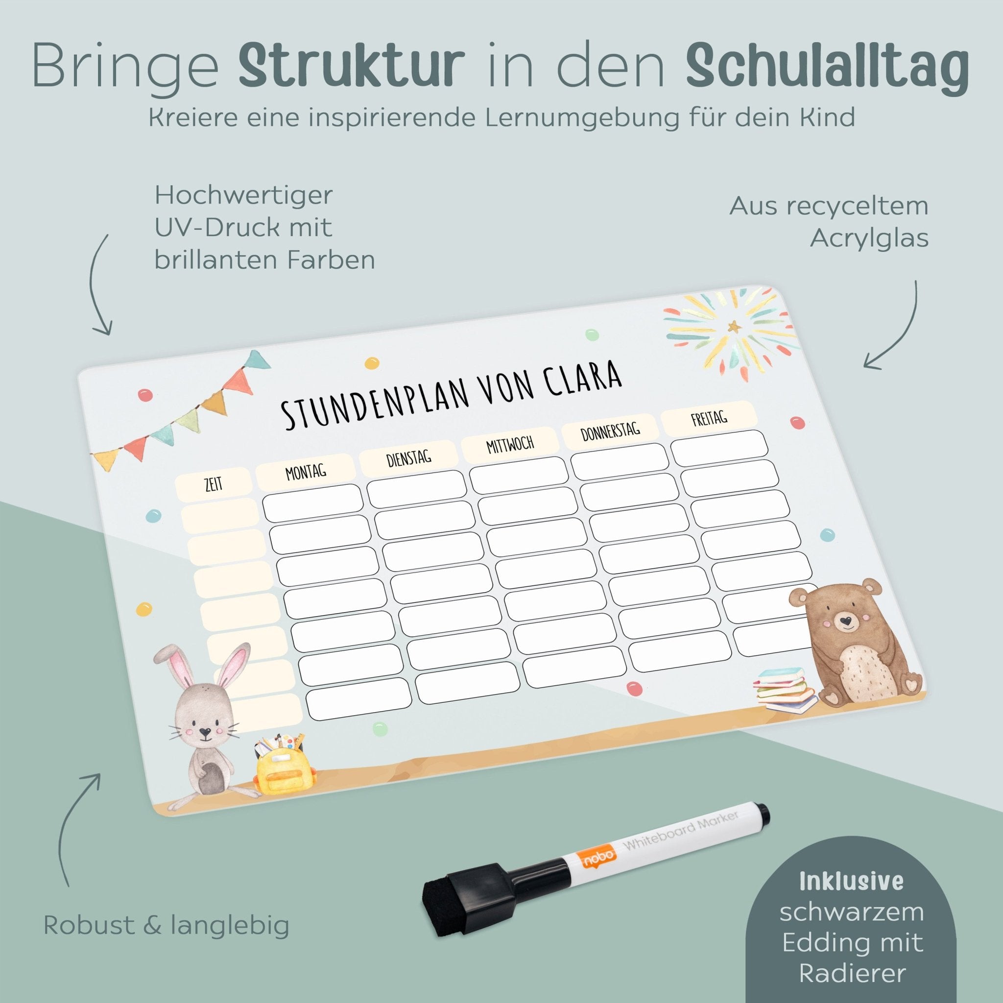 Stundenplan abwischbar personalisiert - Bär und Hase oder Dinos - wunderwunsch