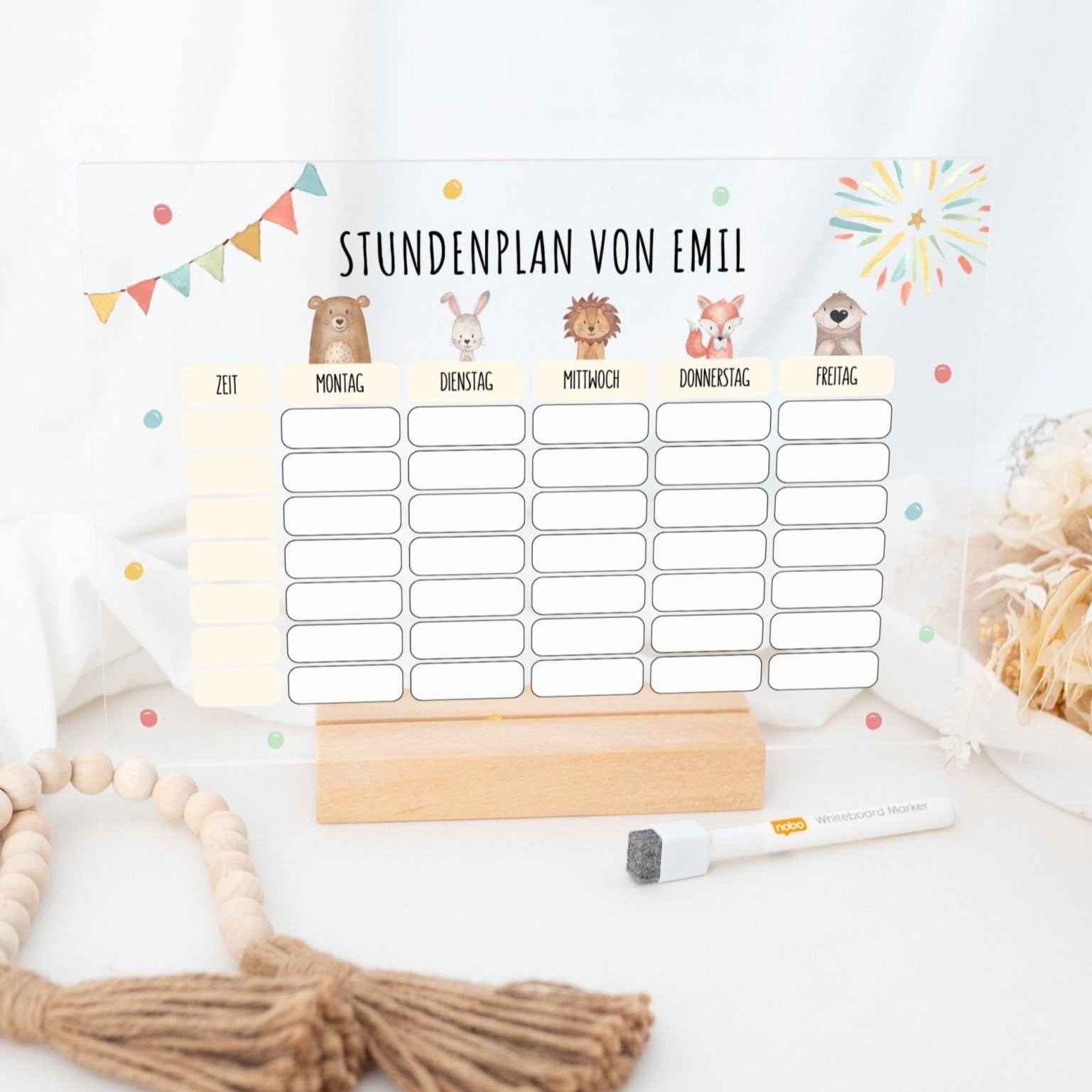 Stundenplan abwischbar personalisiert - Tiere oben Girlande - wunderwunsch