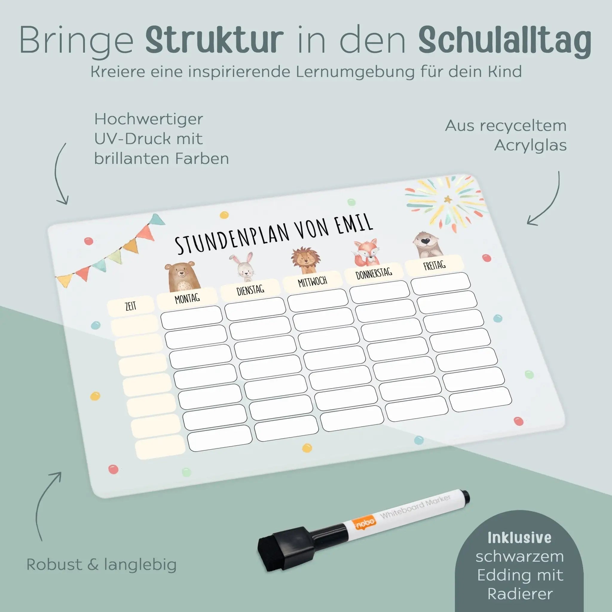 Stundenplan abwischbar personalisiert - Tiere oben Girlande - wunderwunsch