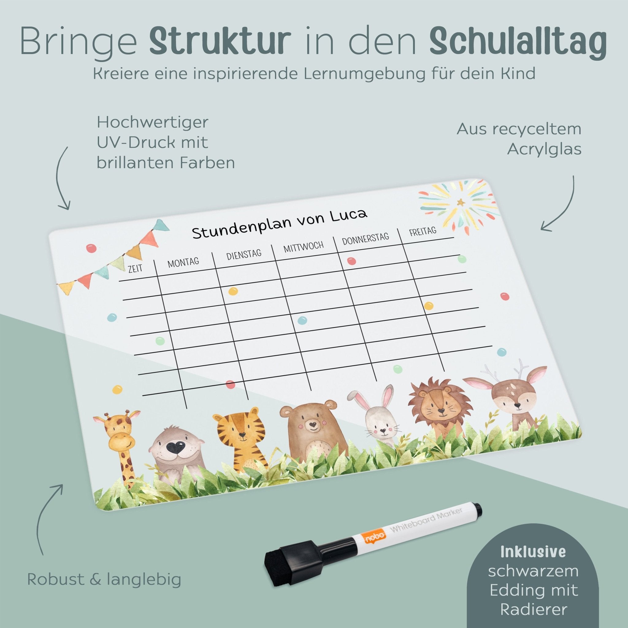 Stundenplan abwischbar personalisiert - Tiere unten Wiese - wunderwunsch