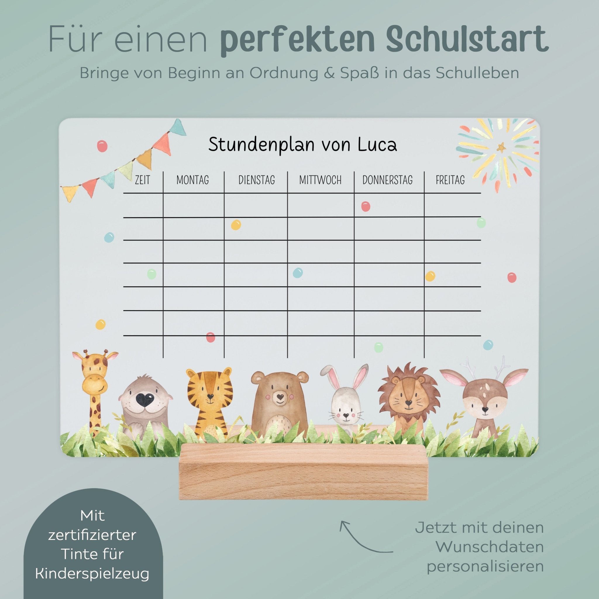 Stundenplan abwischbar personalisiert - Tiere unten Wiese - wunderwunsch