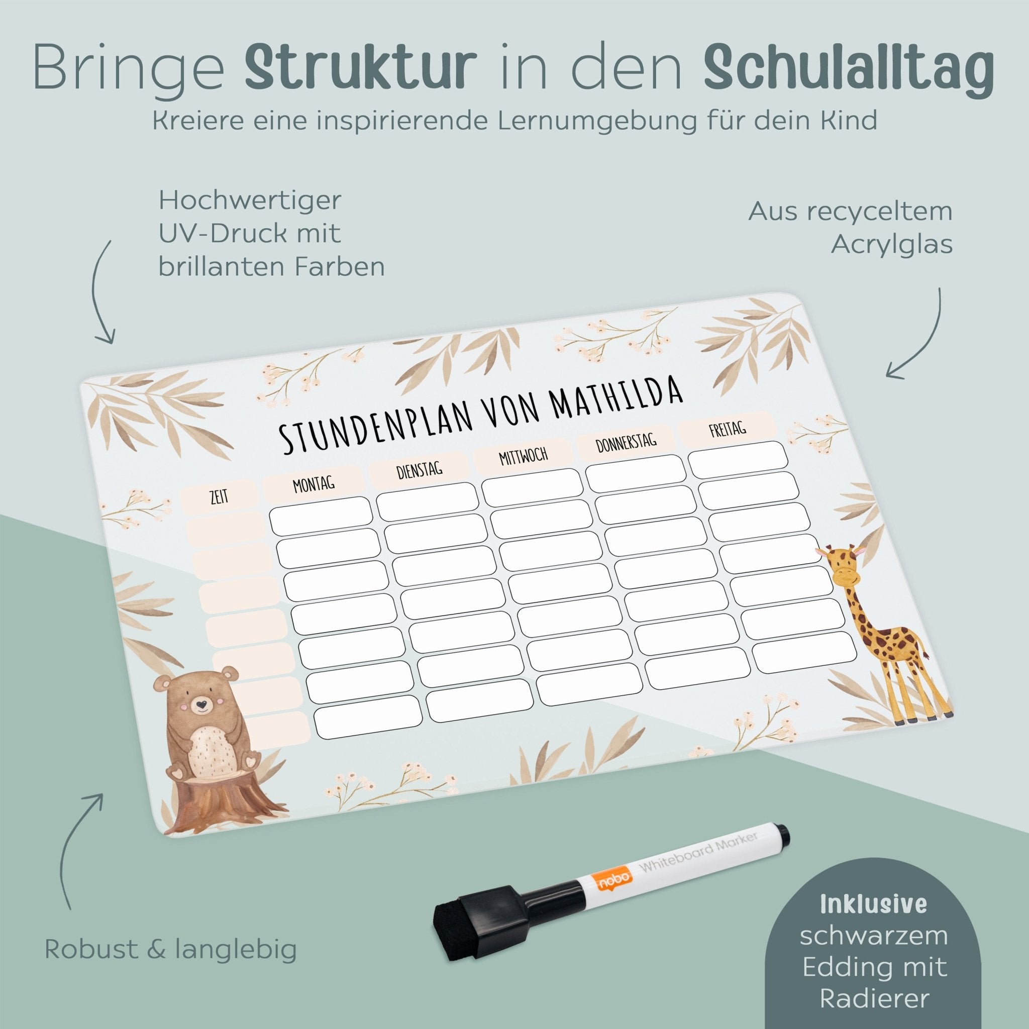 Stundenplan abwischbar personalisiert - Tiere Zweige beige - wunderwunsch
