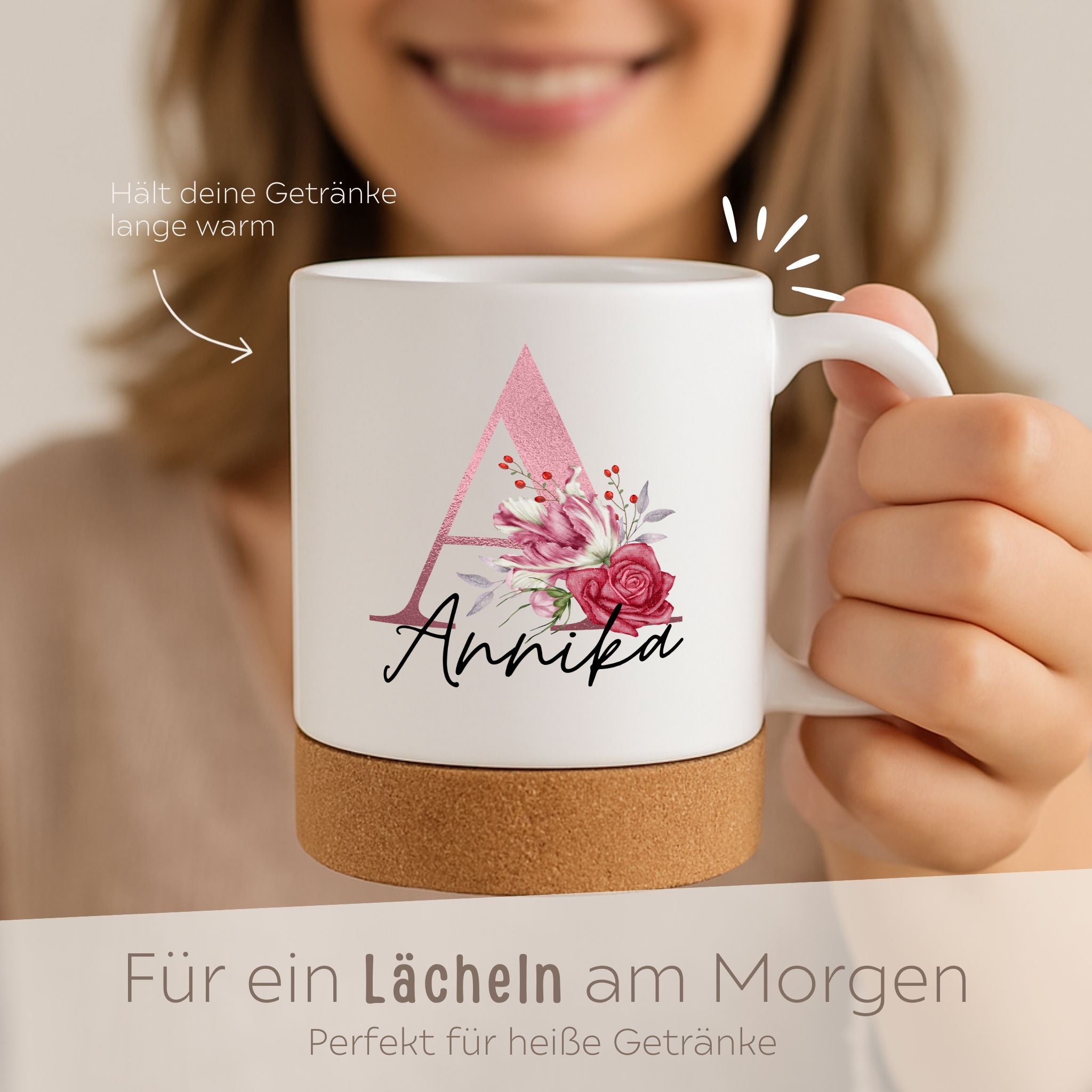 Tasse mit Korkboden - Initial Buchstabe Blumen - wunderwunsch