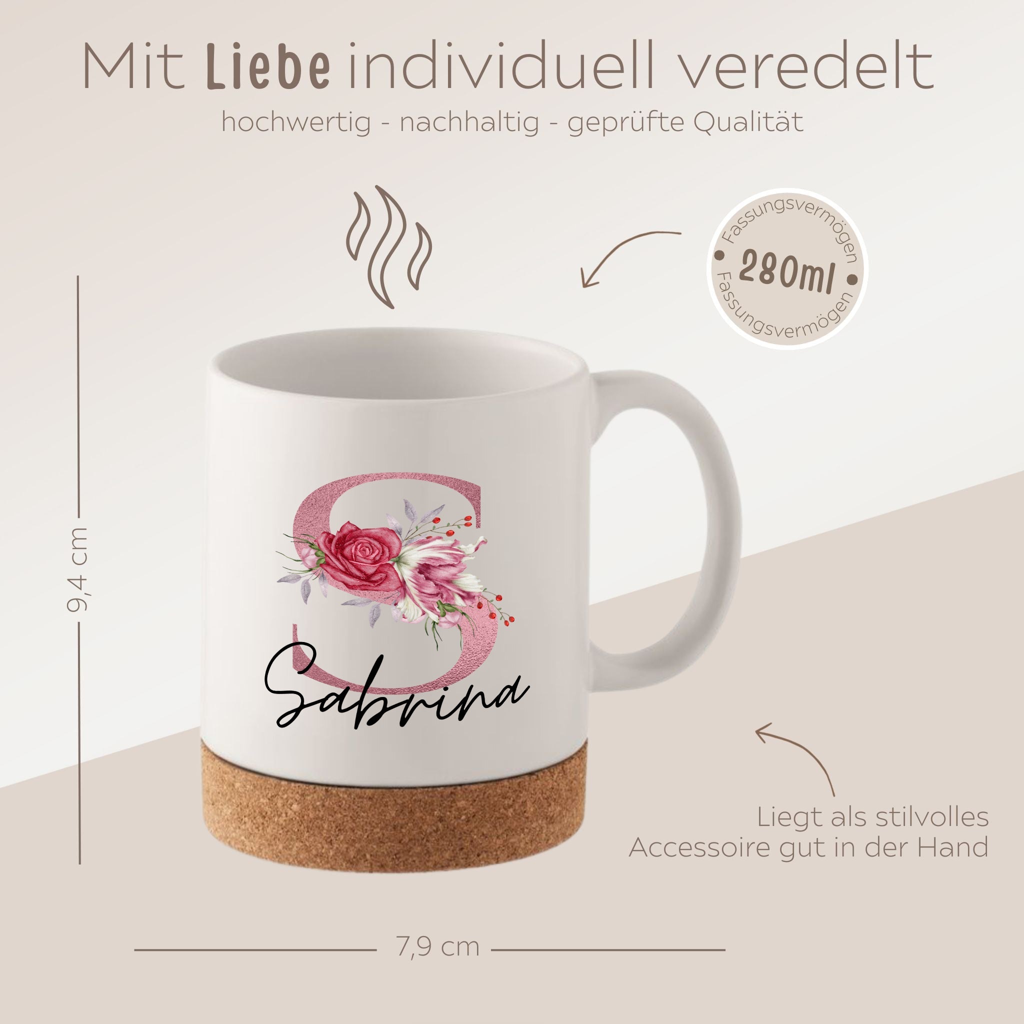Tasse mit Korkboden - Initial Buchstabe Blumen - wunderwunsch