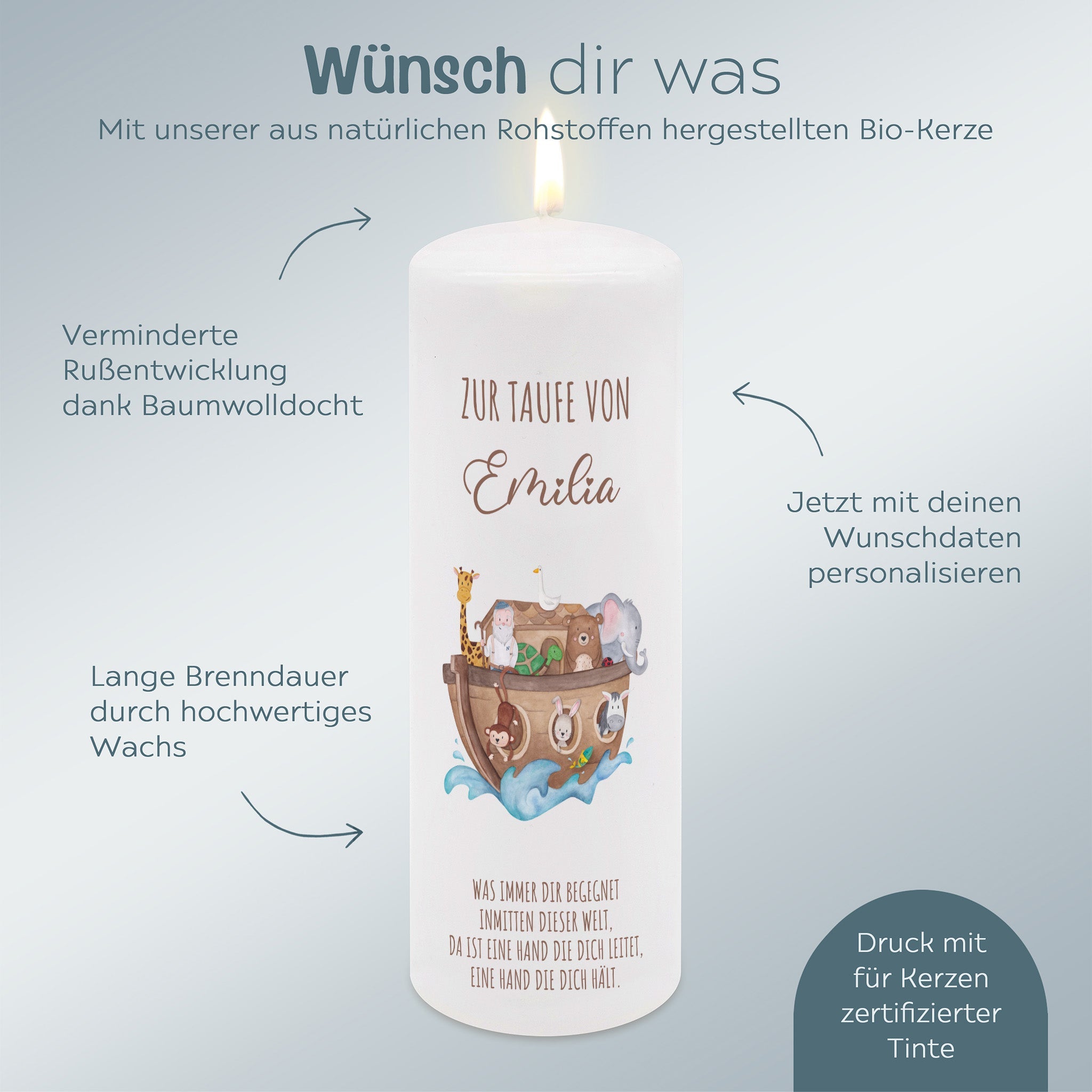 Taufkerze personalisiert - Arche Noah Tiere - wunderwunsch