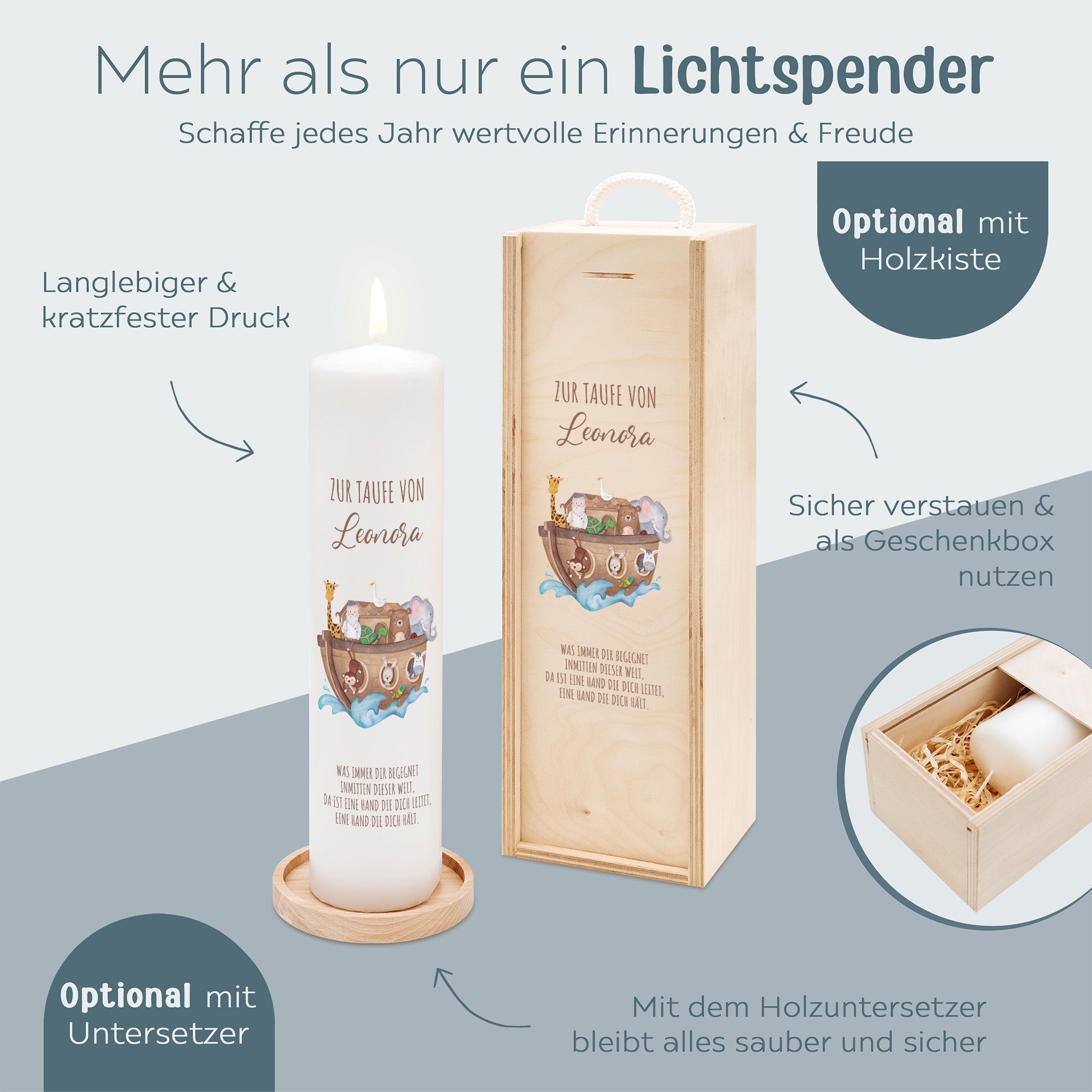 Taufkerze personalisiert - Arche Noah Tiere - wunderwunsch