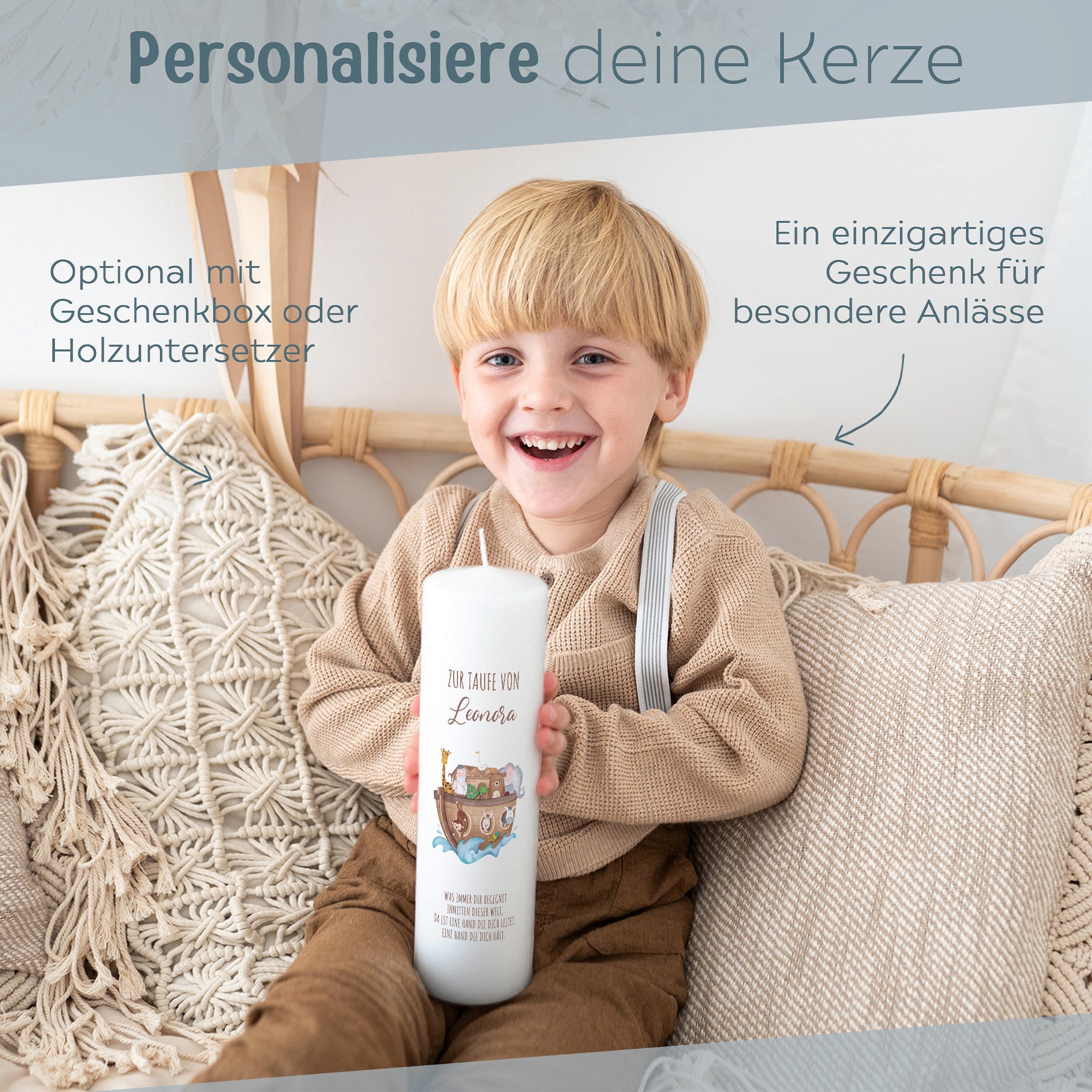 Taufkerze personalisiert - Arche Noah Tiere - wunderwunsch