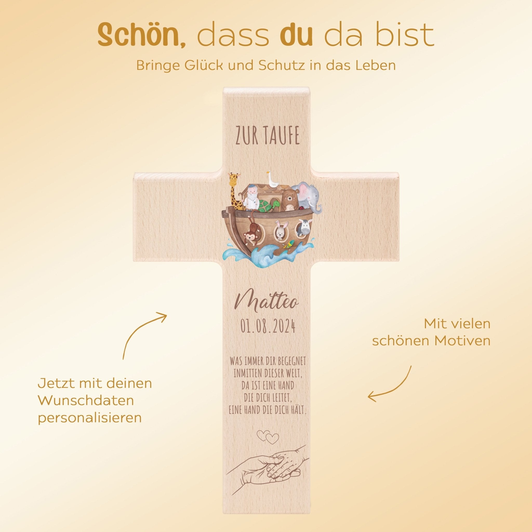 Taufkreuz aus Holz - Arche Noah Tiere Aquarell - wunderwunsch