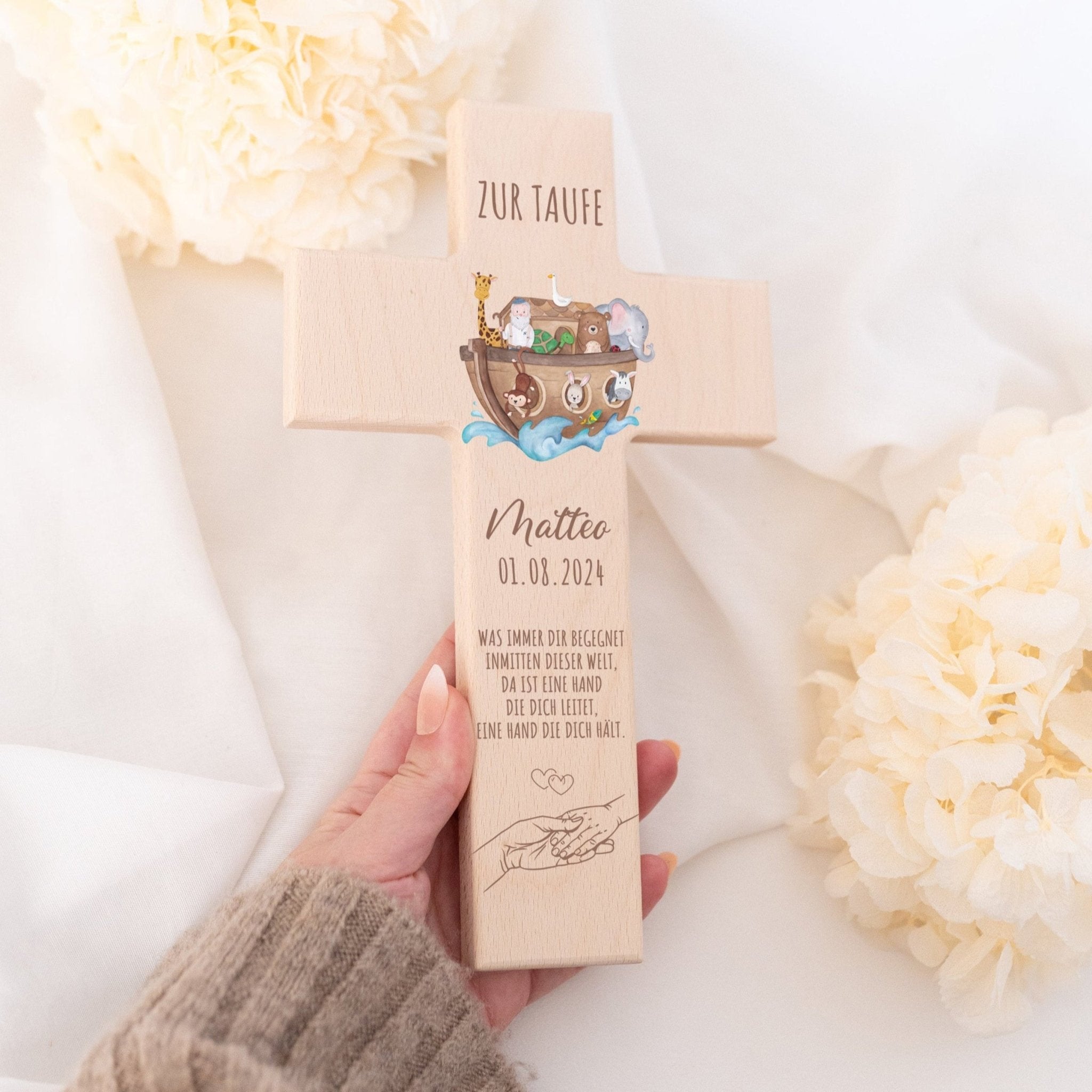 Taufkreuz aus Holz - Arche Noah Tiere Aquarell - wunderwunsch