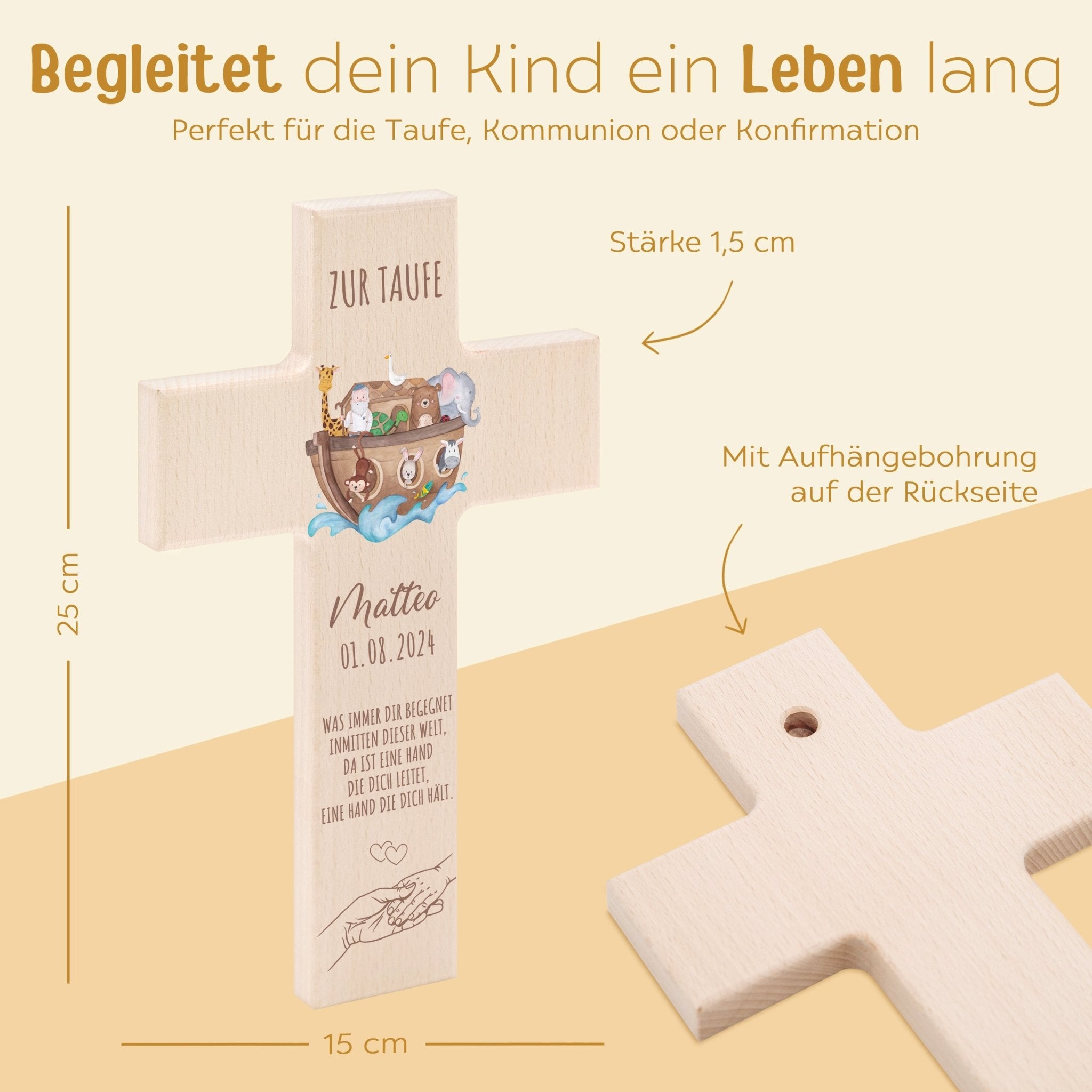 Taufkreuz aus Holz - Arche Noah Tiere Aquarell - wunderwunsch
