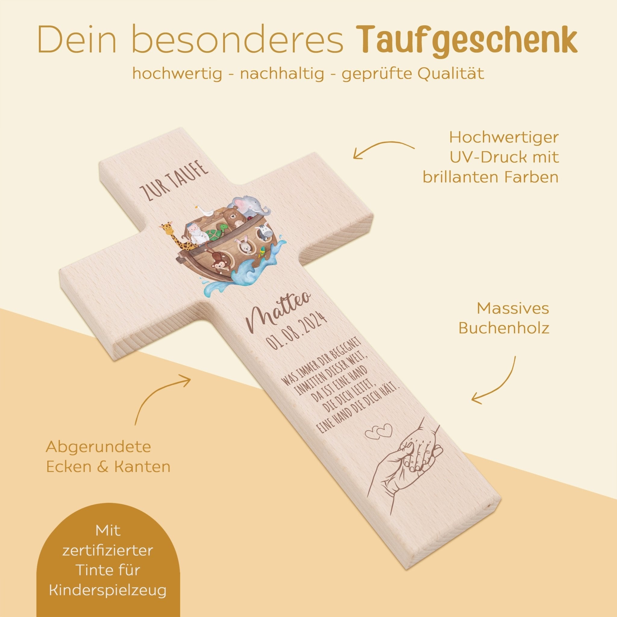 Taufkreuz aus Holz - Arche Noah Tiere Aquarell - wunderwunsch