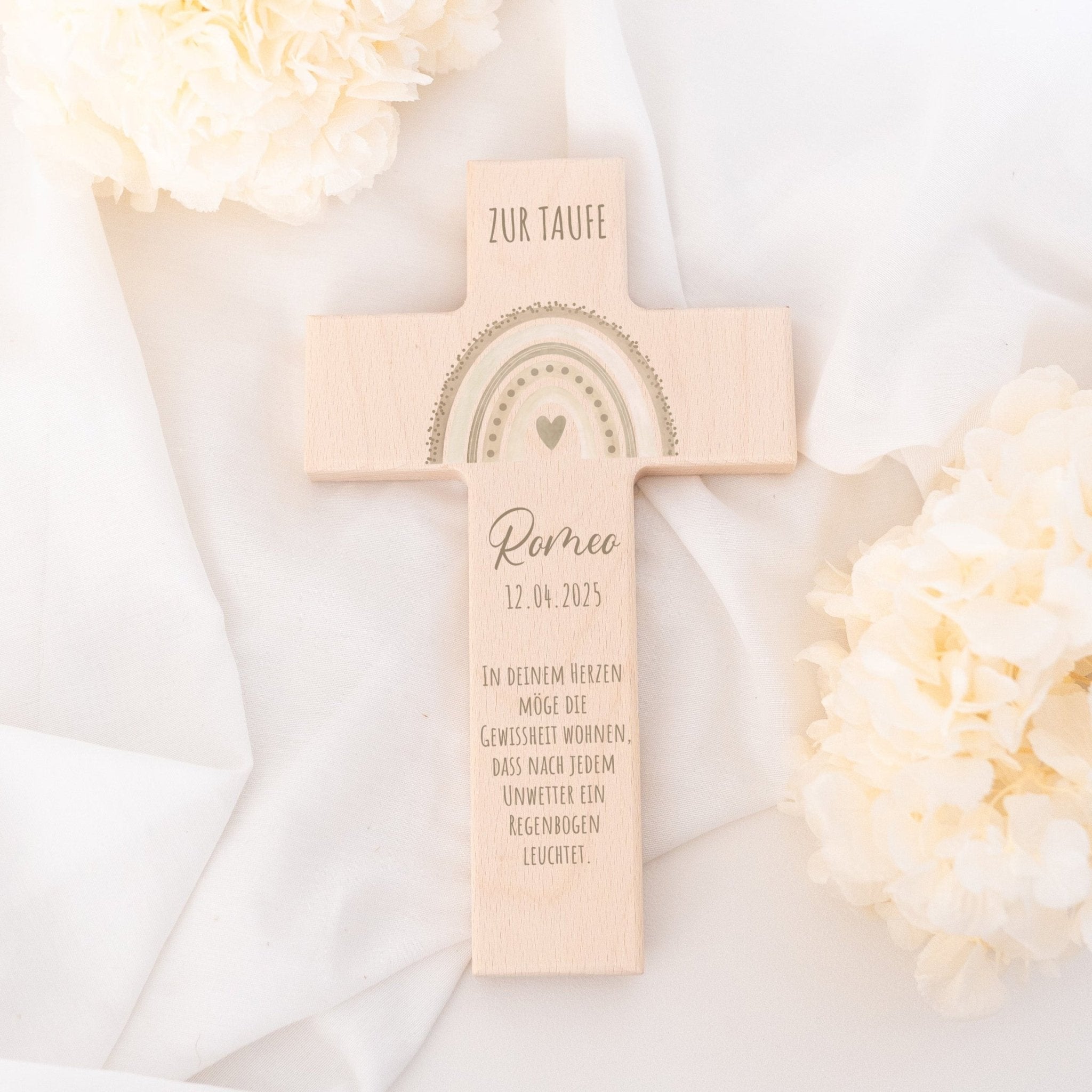 Taufkreuz aus Holz - Regenbogen Punkte Aquarell - wunderwunsch