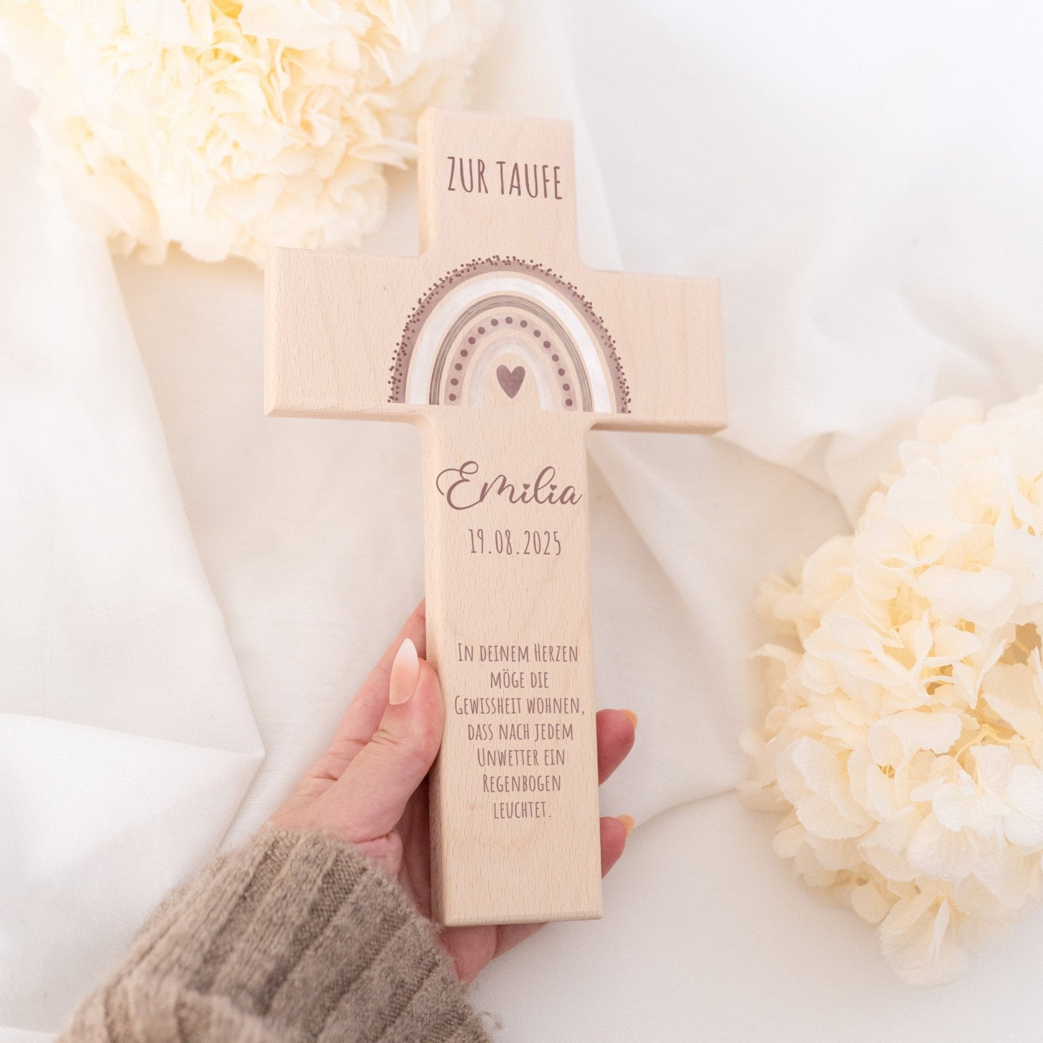 Taufkreuz aus Holz - Regenbogen Punkte Aquarell - wunderwunsch