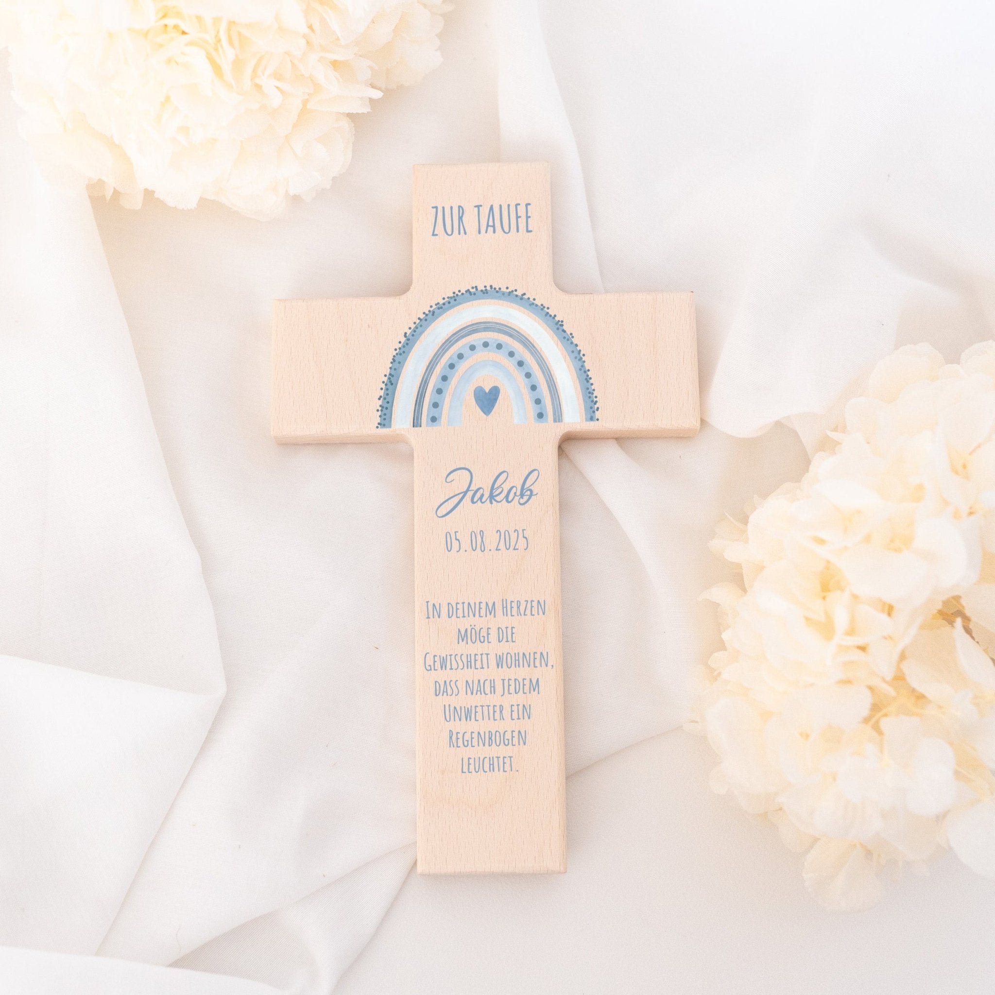 Taufkreuz aus Holz - Regenbogen Punkte Aquarell - wunderwunsch