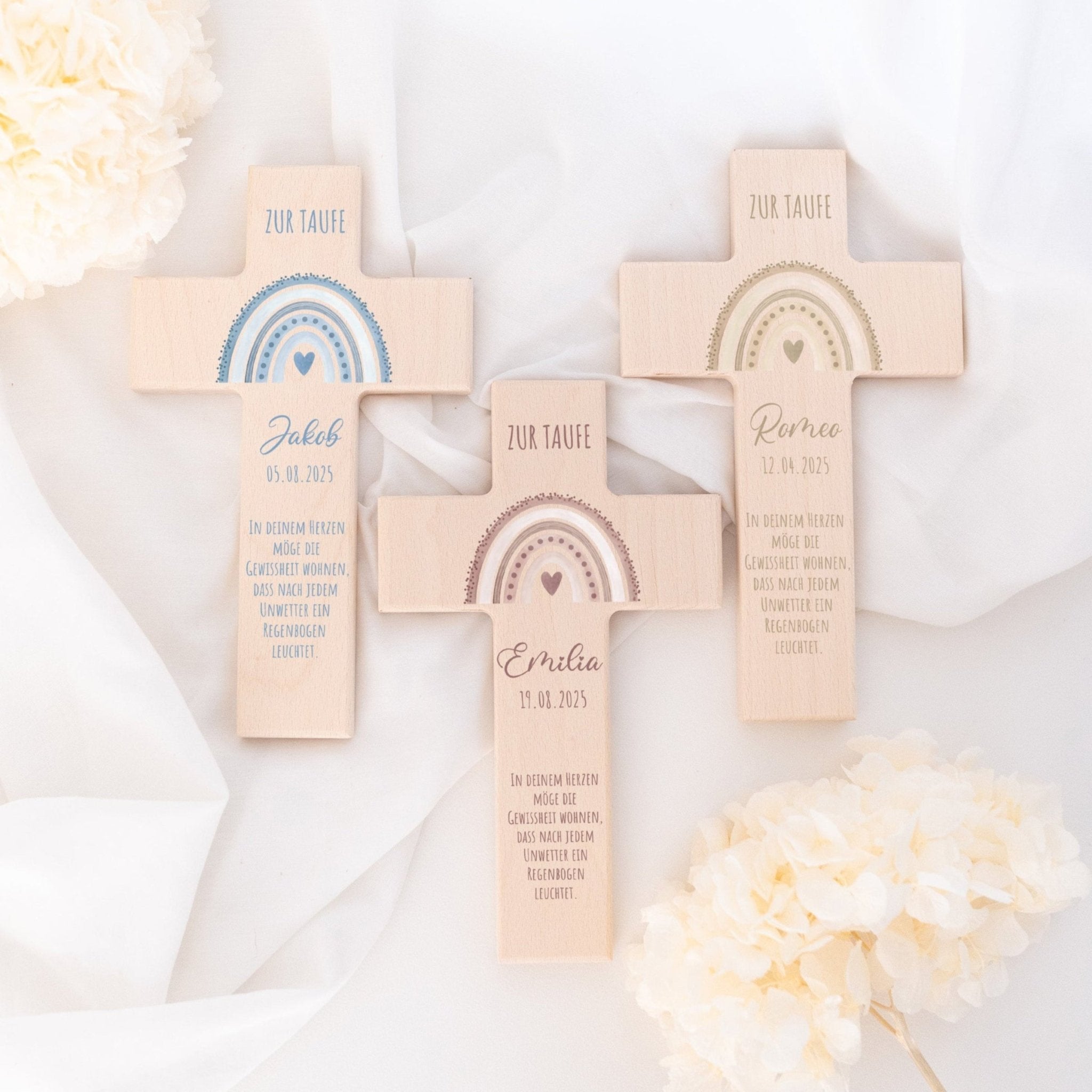 Taufkreuz aus Holz - Regenbogen Punkte Aquarell - wunderwunsch