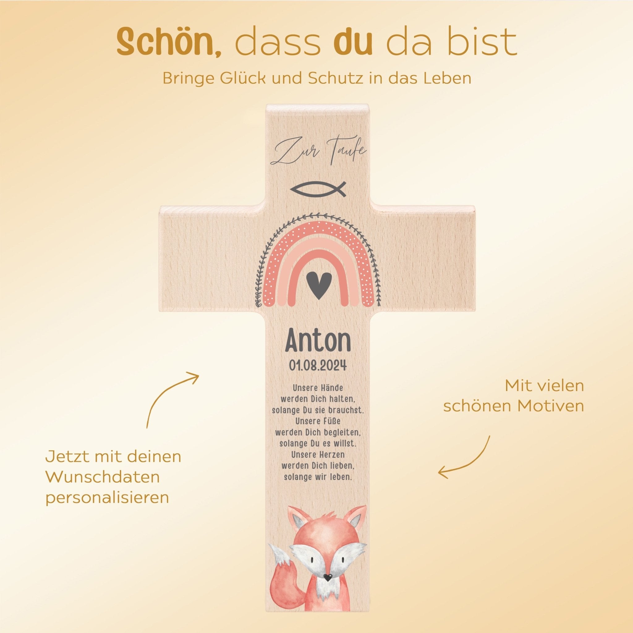 Taufkreuz aus Holz - Taufe Tier Aquarell - wunderwunsch