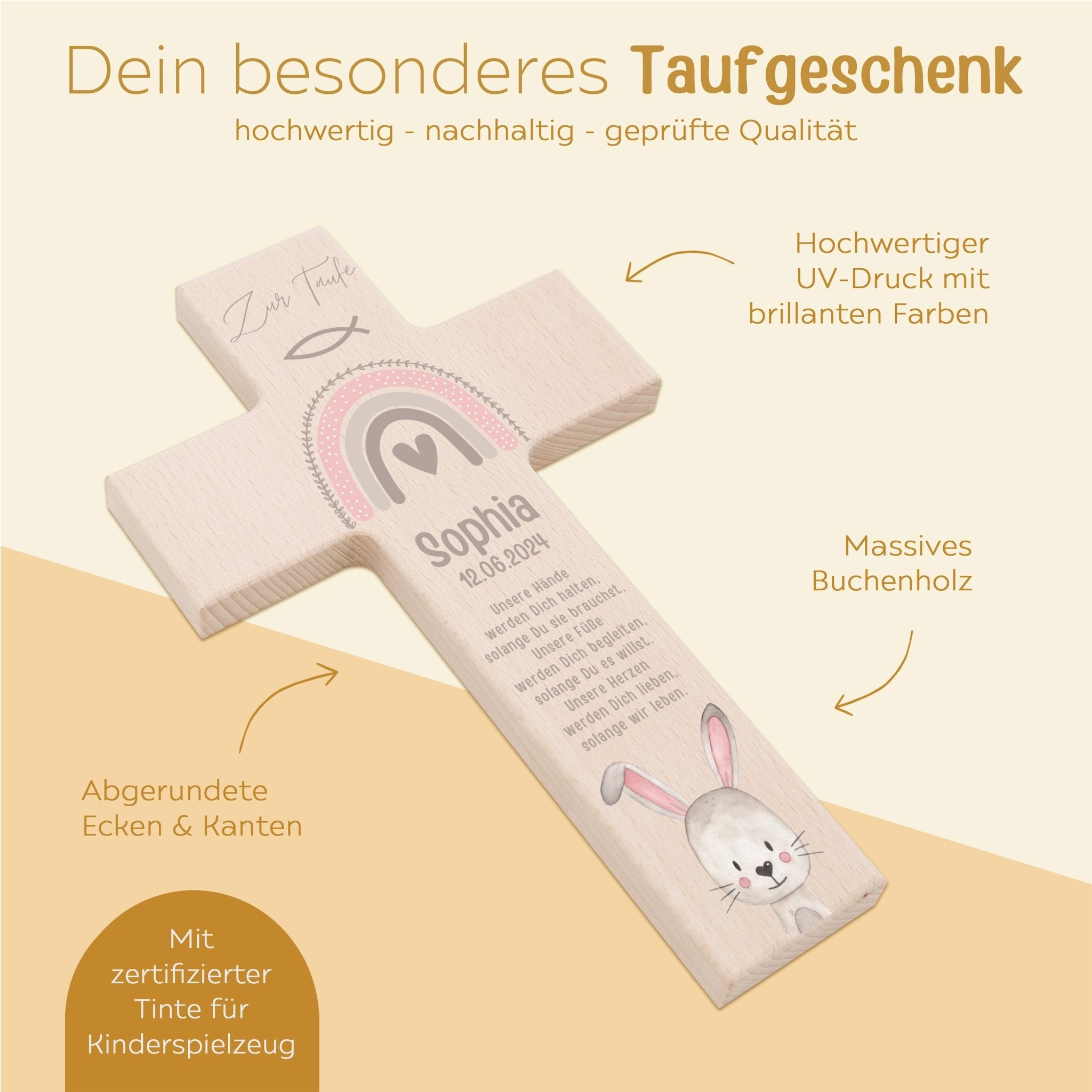 Taufkreuz aus Holz - Taufe Tier Aquarell - wunderwunsch
