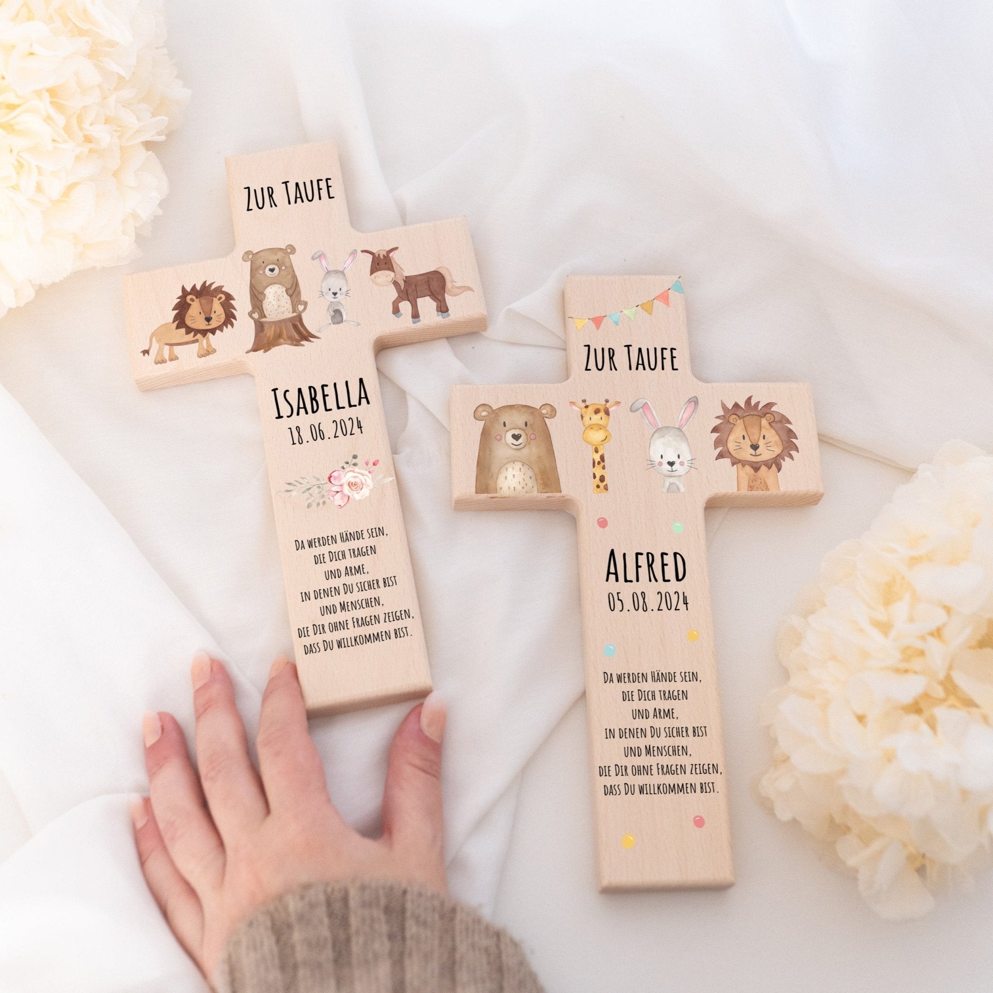 Taufkreuz aus Holz - Tiere Girlande oder Tiere Blumen Aquarell - wunderwunsch