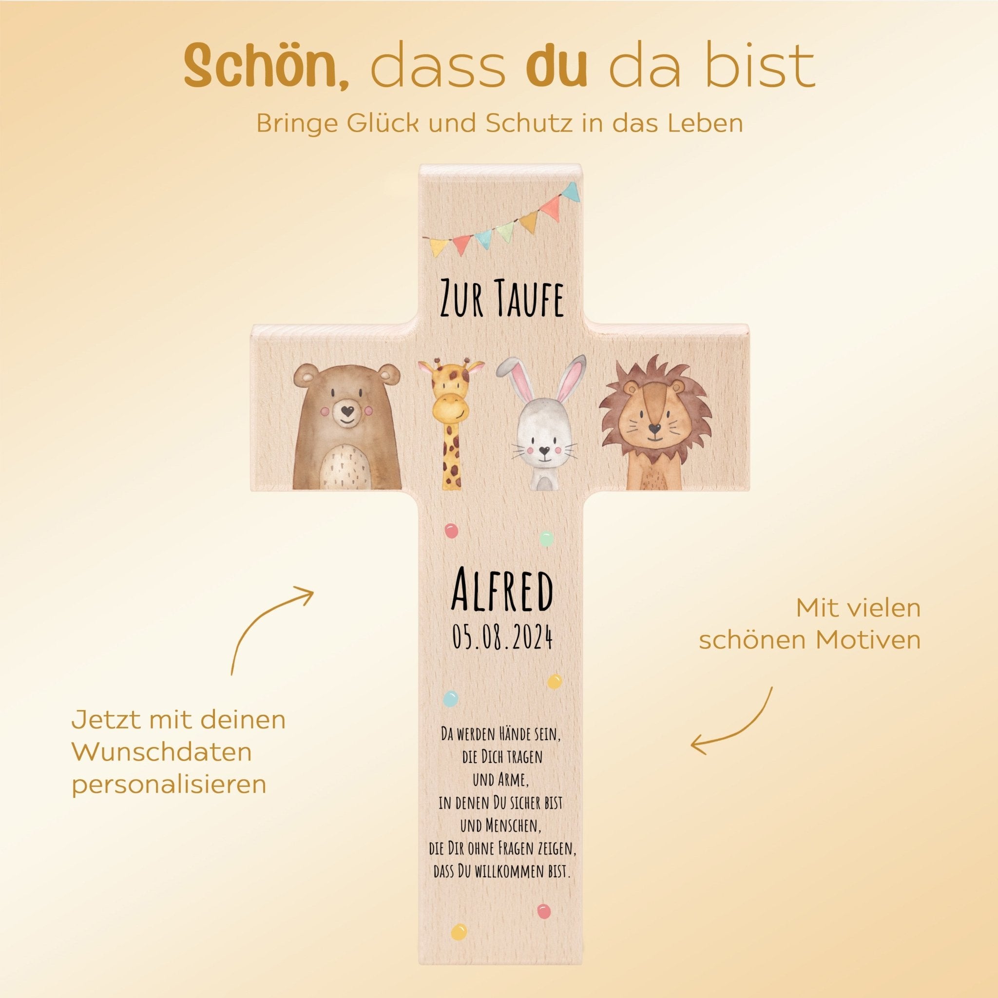 Taufkreuz aus Holz - Tiere Girlande oder Tiere Blumen Aquarell - wunderwunsch