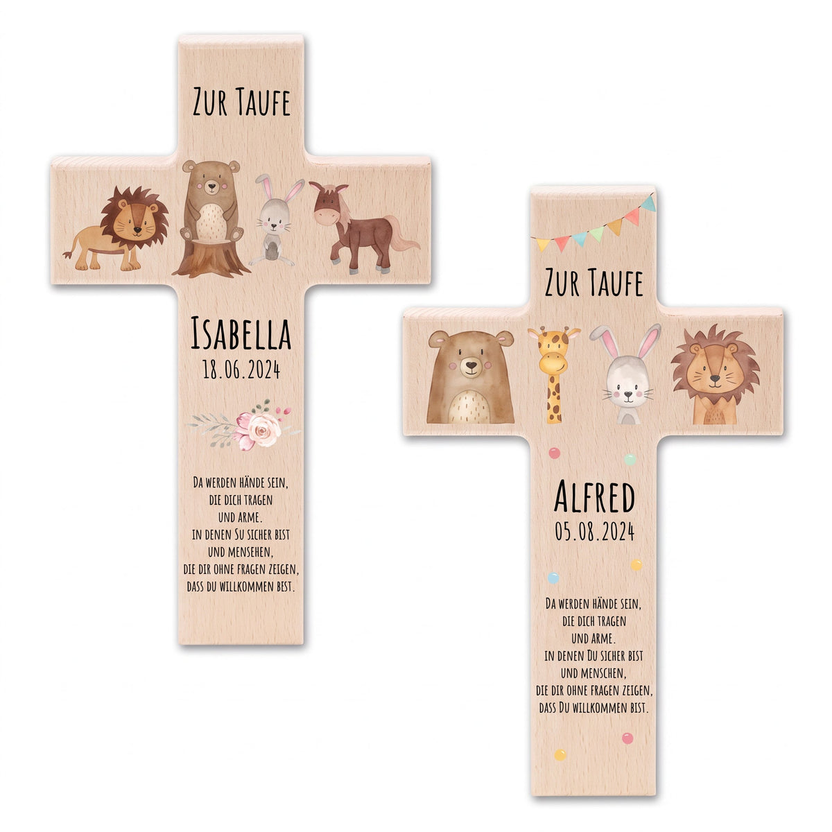 Taufkreuz aus Holz - Tiere Girlande oder Tiere Blumen Aquarell - wunderwunsch