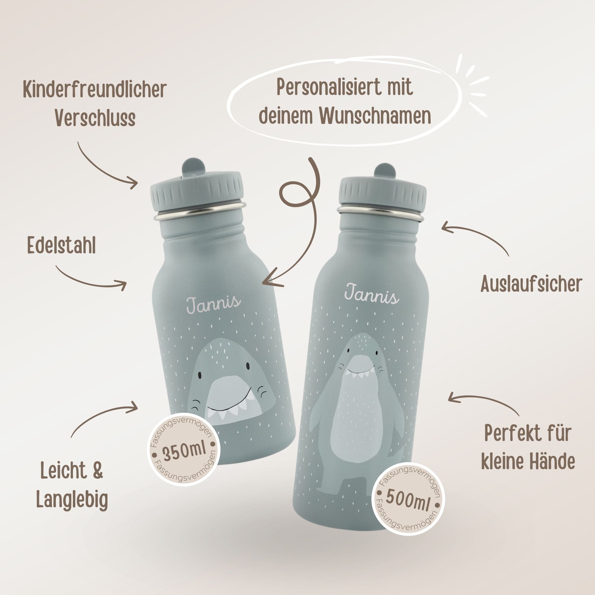 TRIXIE Kinder Trinkflasche personalisiert - Hai - wunderwunsch