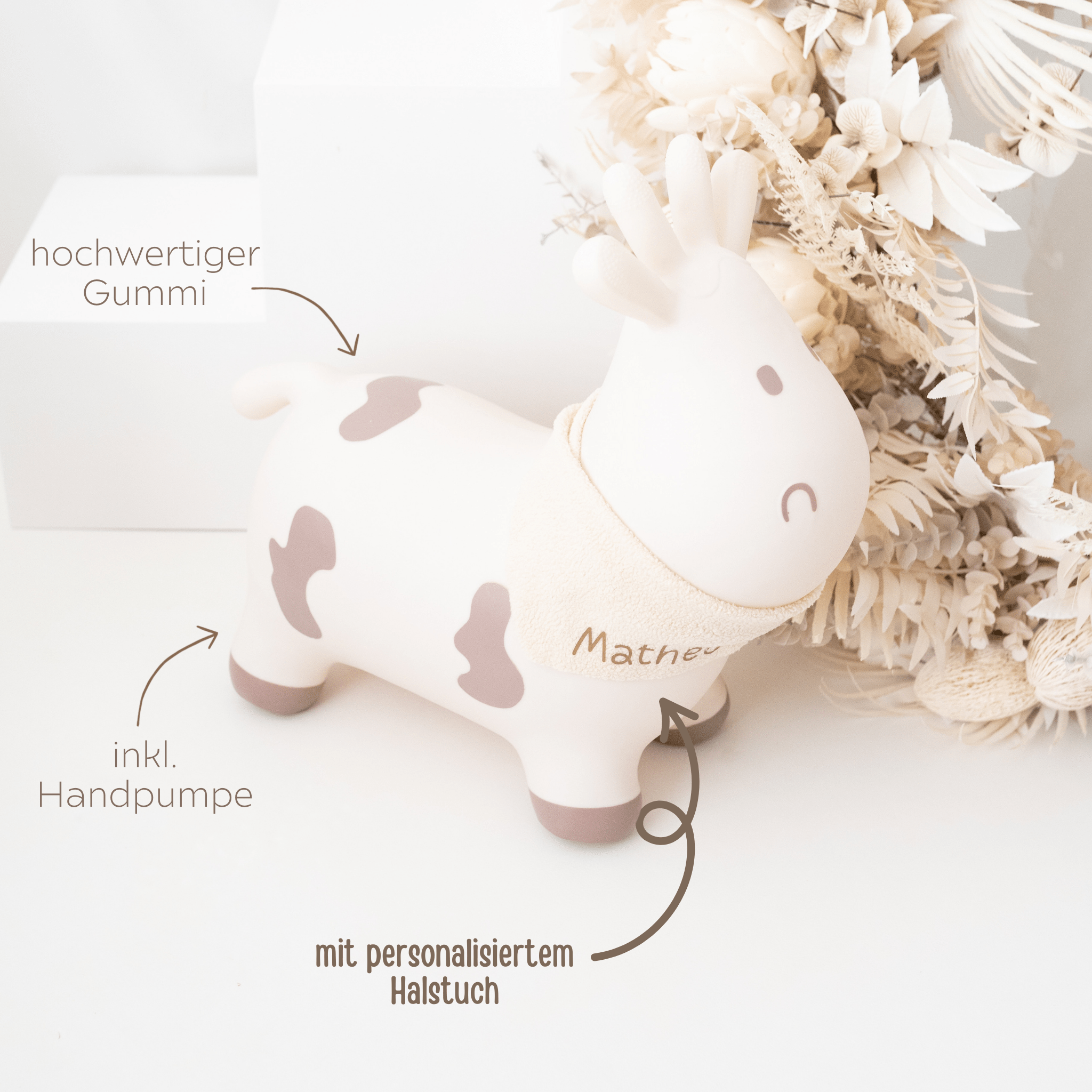 TRYCO Hüpfkuh personalisiert - schwarz, weiß, beige, pink oder grün - wunderwunsch