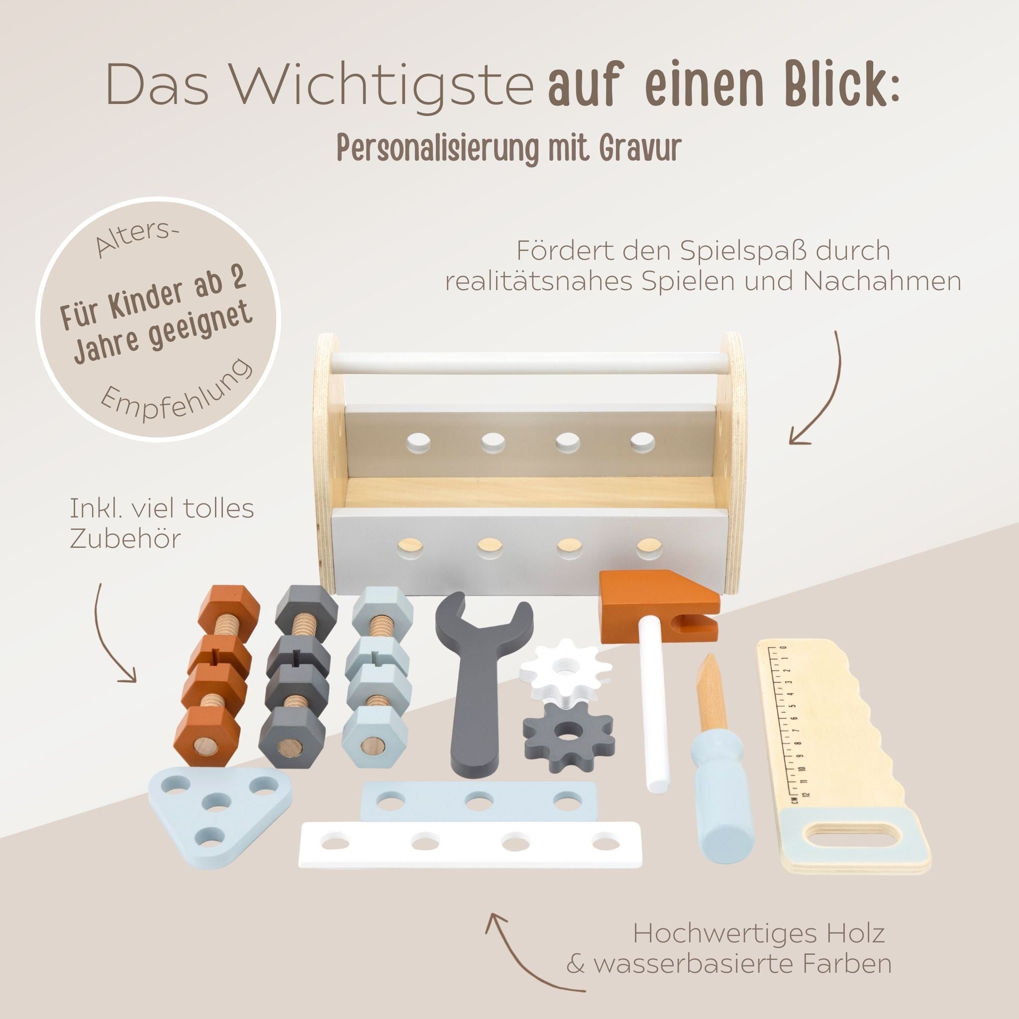 TRYCO Werkzeugkasten Holz mit Terrakotta personalisiert - wunderwunsch