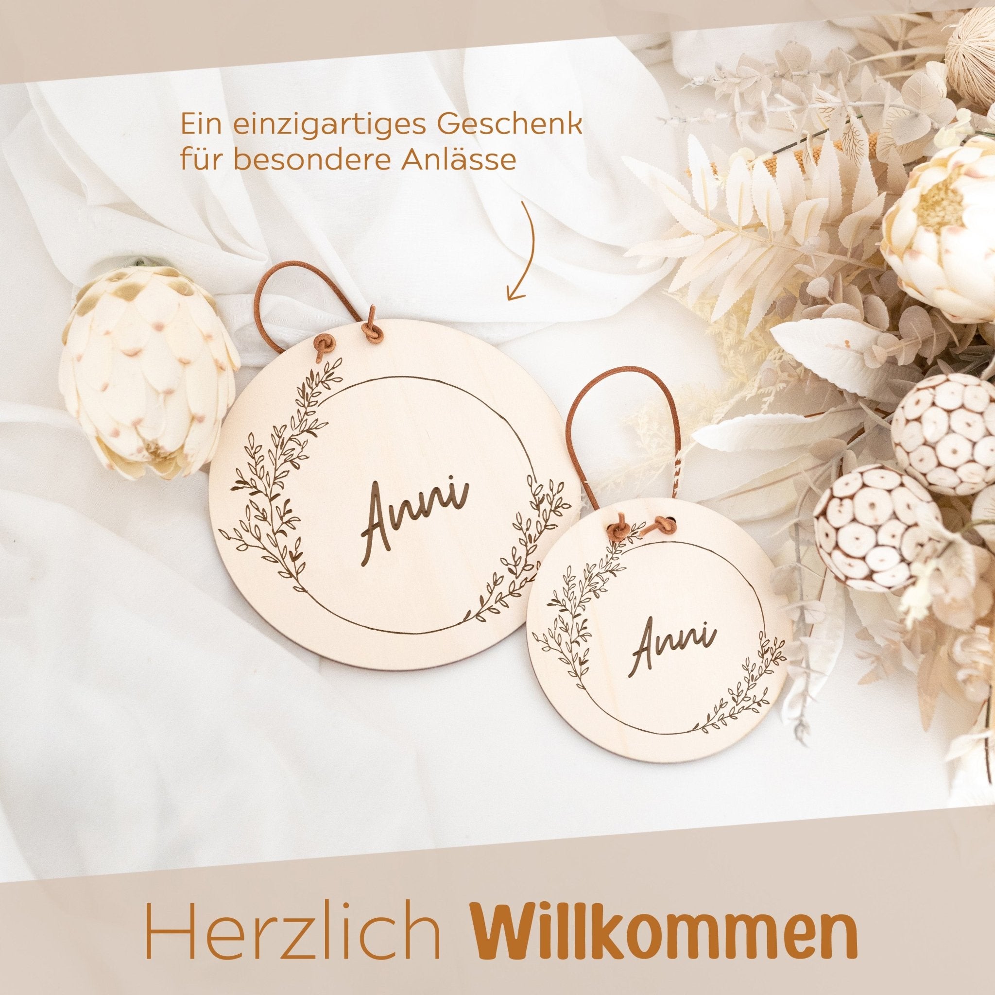 Türschild Kinderzimmer personalisiert - Blumenkranz Gravur - wunderwunsch