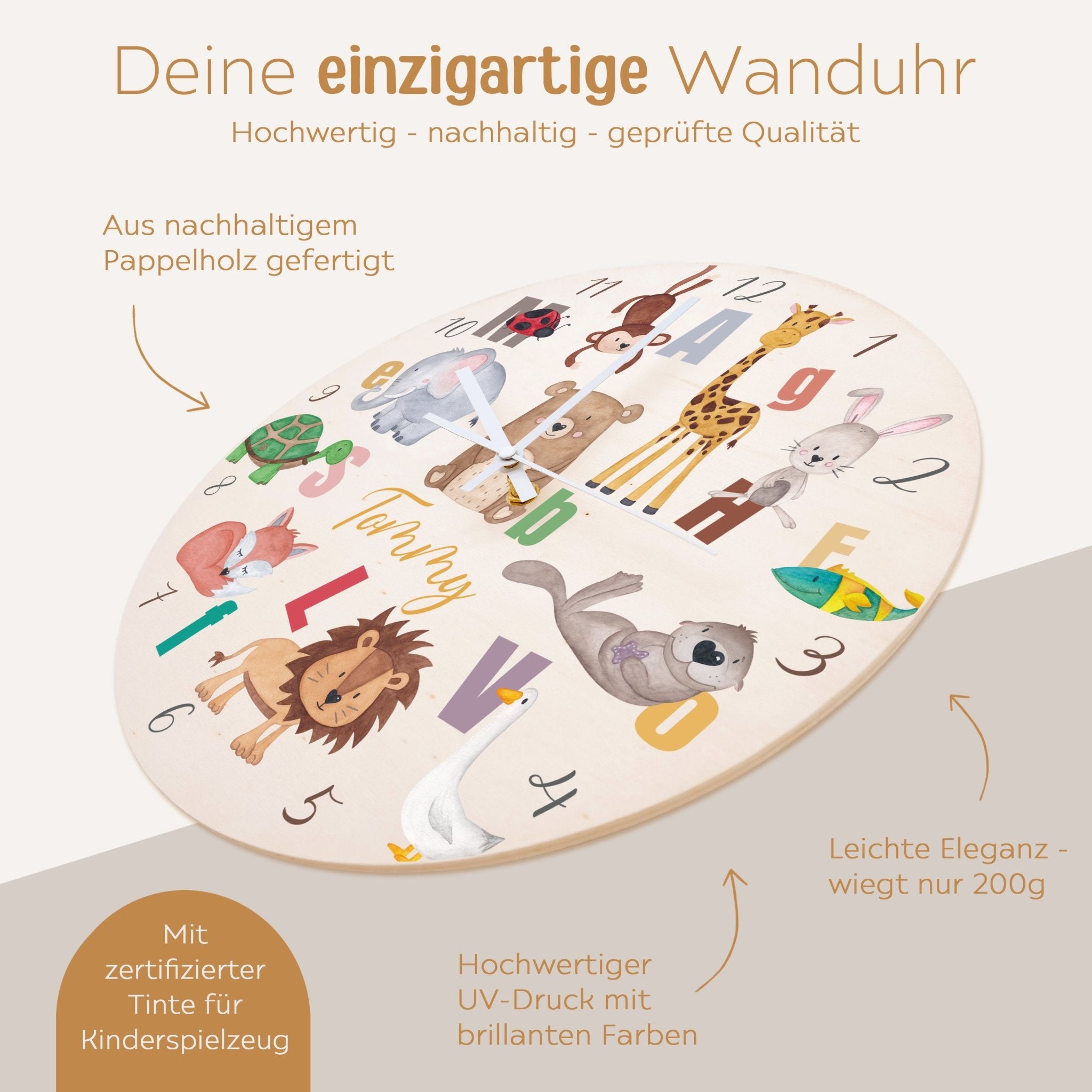 Wanduhr Kinder Holz personalisiert - Lernuhr Buchstaben Tiere - wunderwunsch