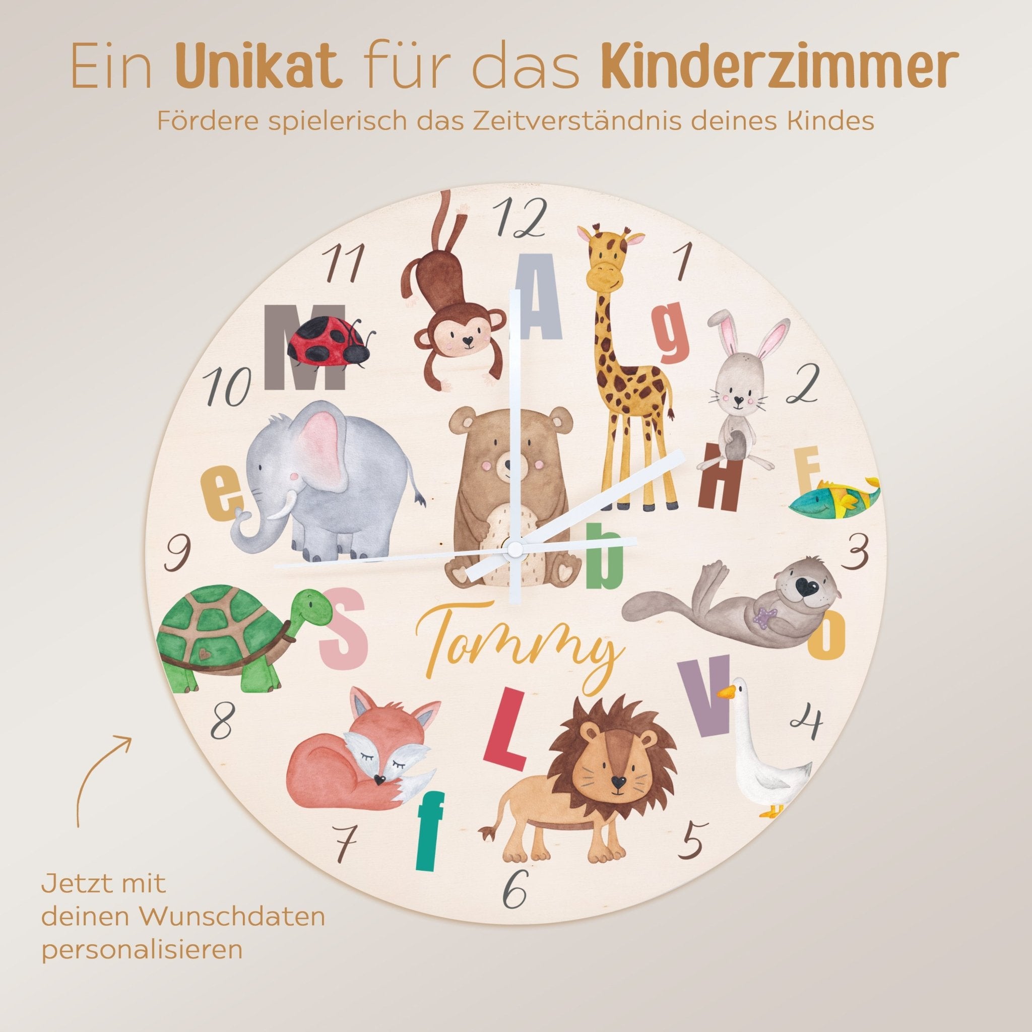 Wanduhr Kinder Holz personalisiert - Lernuhr Buchstaben Tiere - wunderwunsch