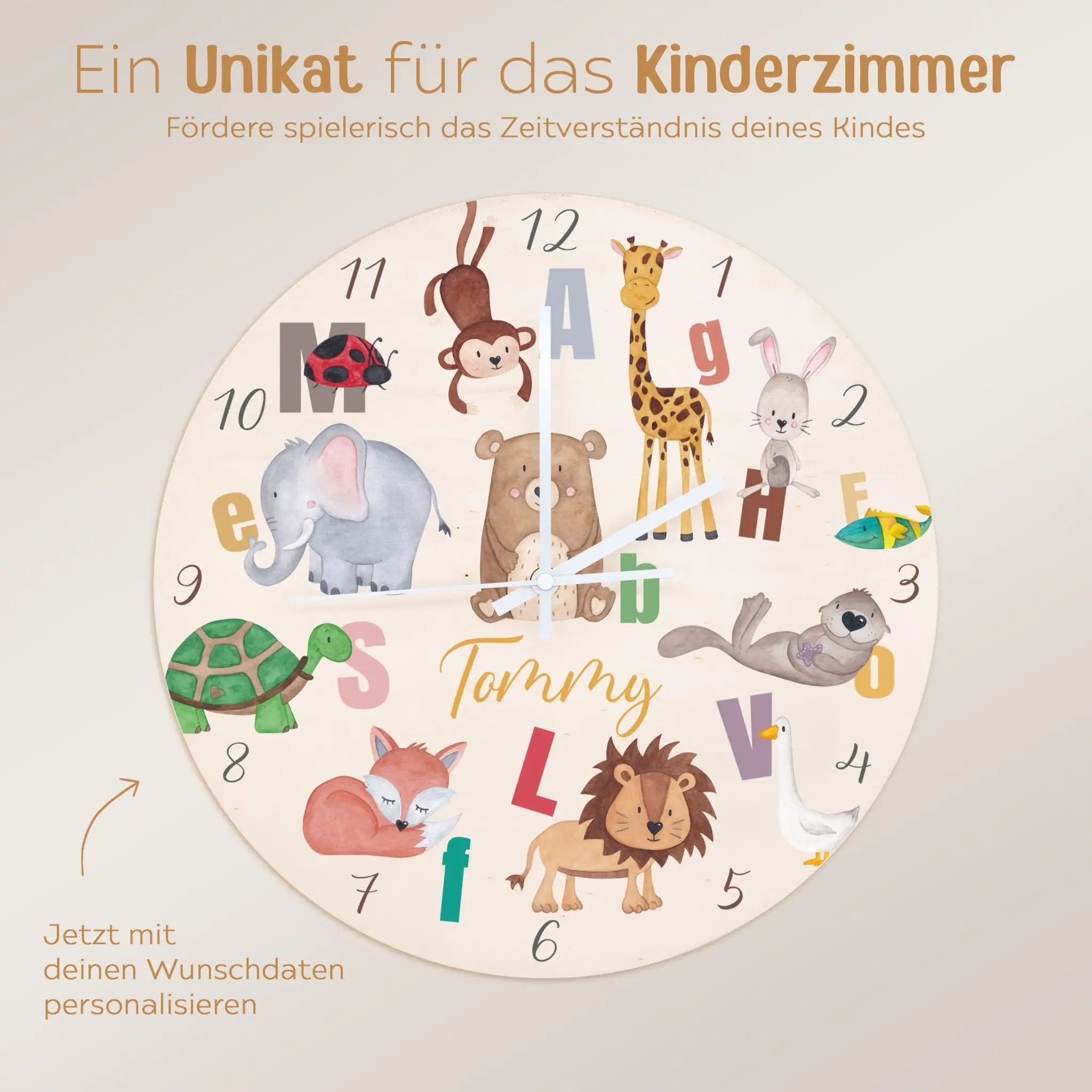 Wanduhr Kinder Holz personalisiert - Lernuhr Buchstaben Tiere - wunderwunsch