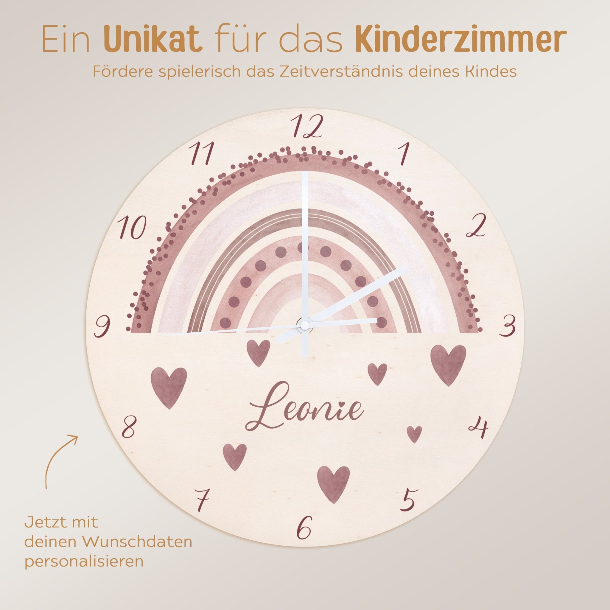 Wanduhr Kinder Holz personalisiert - Regenbogen Punkte Aquarell - wunderwunsch