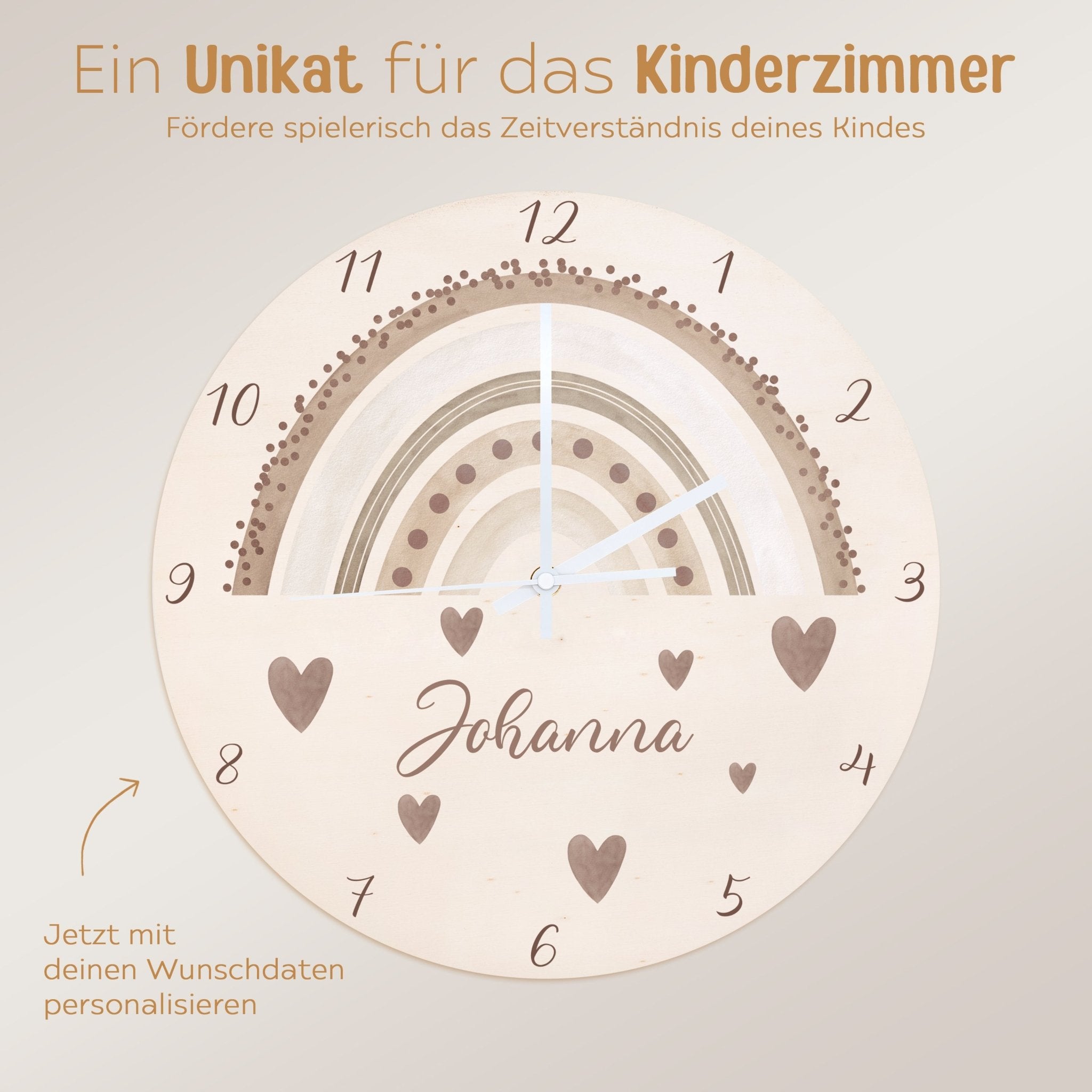 Wanduhr Kinder Holz personalisiert - Regenbogen Punkte Aquarell - wunderwunsch