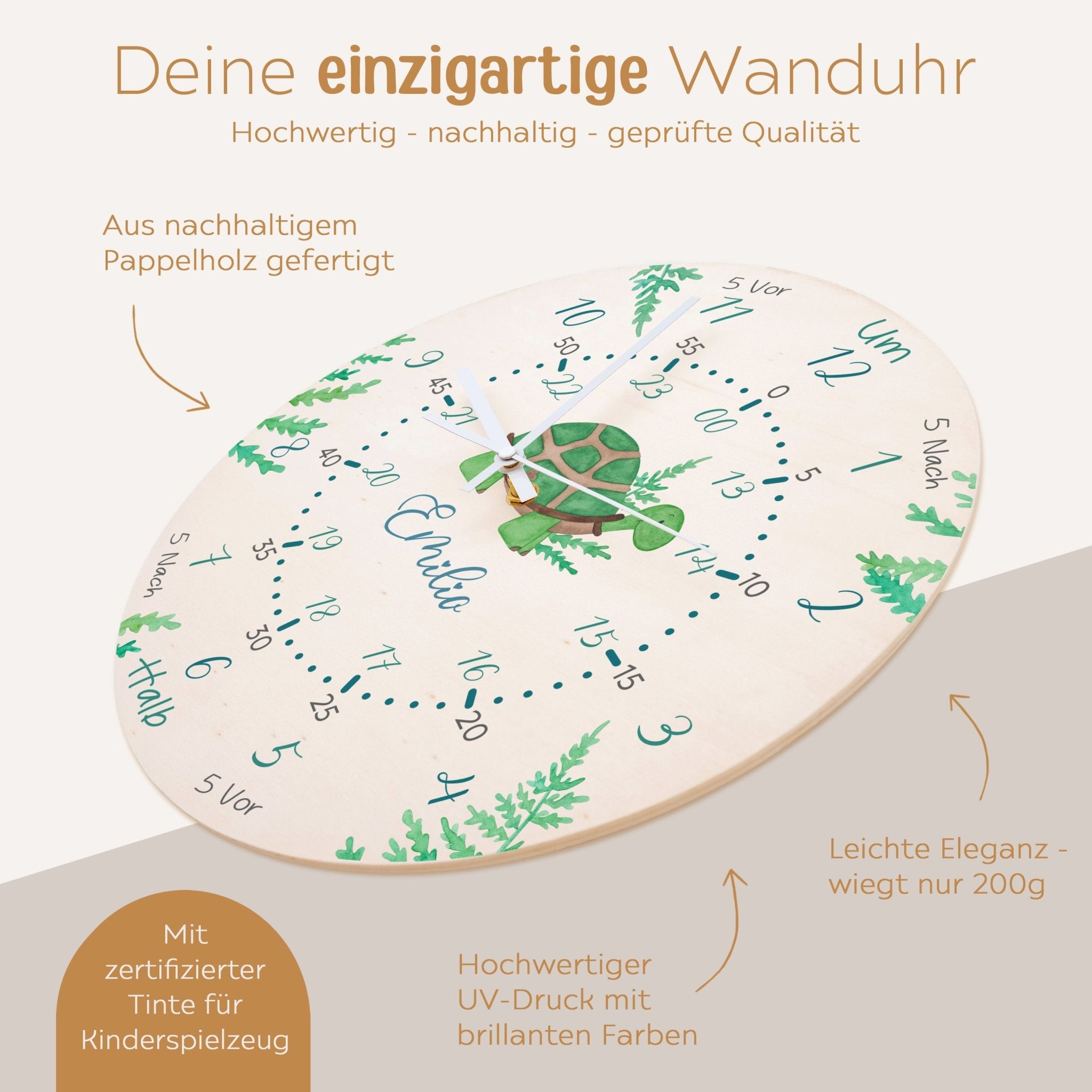 Wanduhr Kinder Holz personalisiert - Schildkröte - wunderwunsch