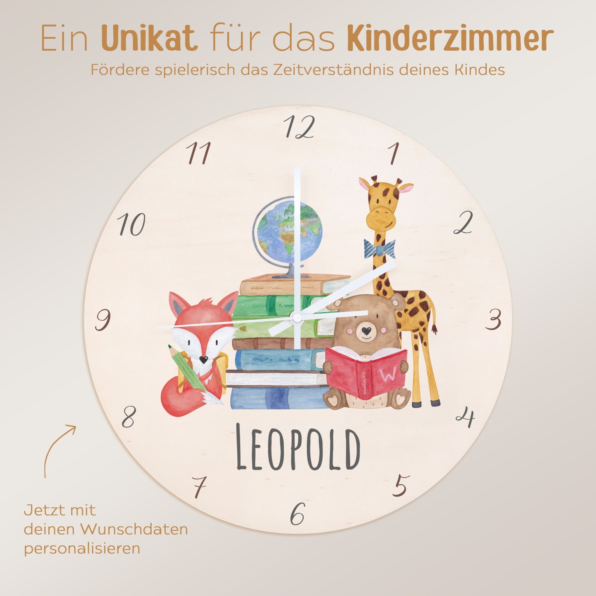 Wanduhr Kinder Holz personalisiert - Schule Tiere - wunderwunsch