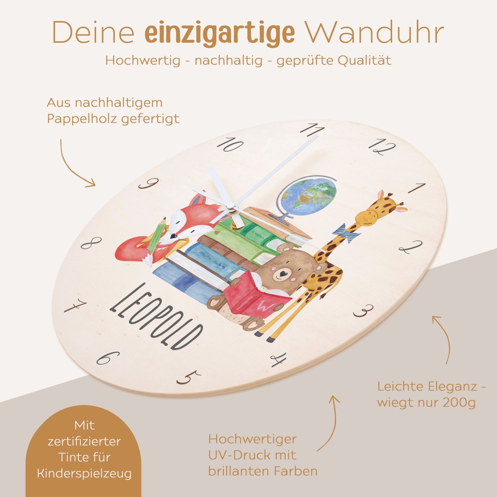 Wanduhr Kinder Holz personalisiert - Schule Tiere - wunderwunsch