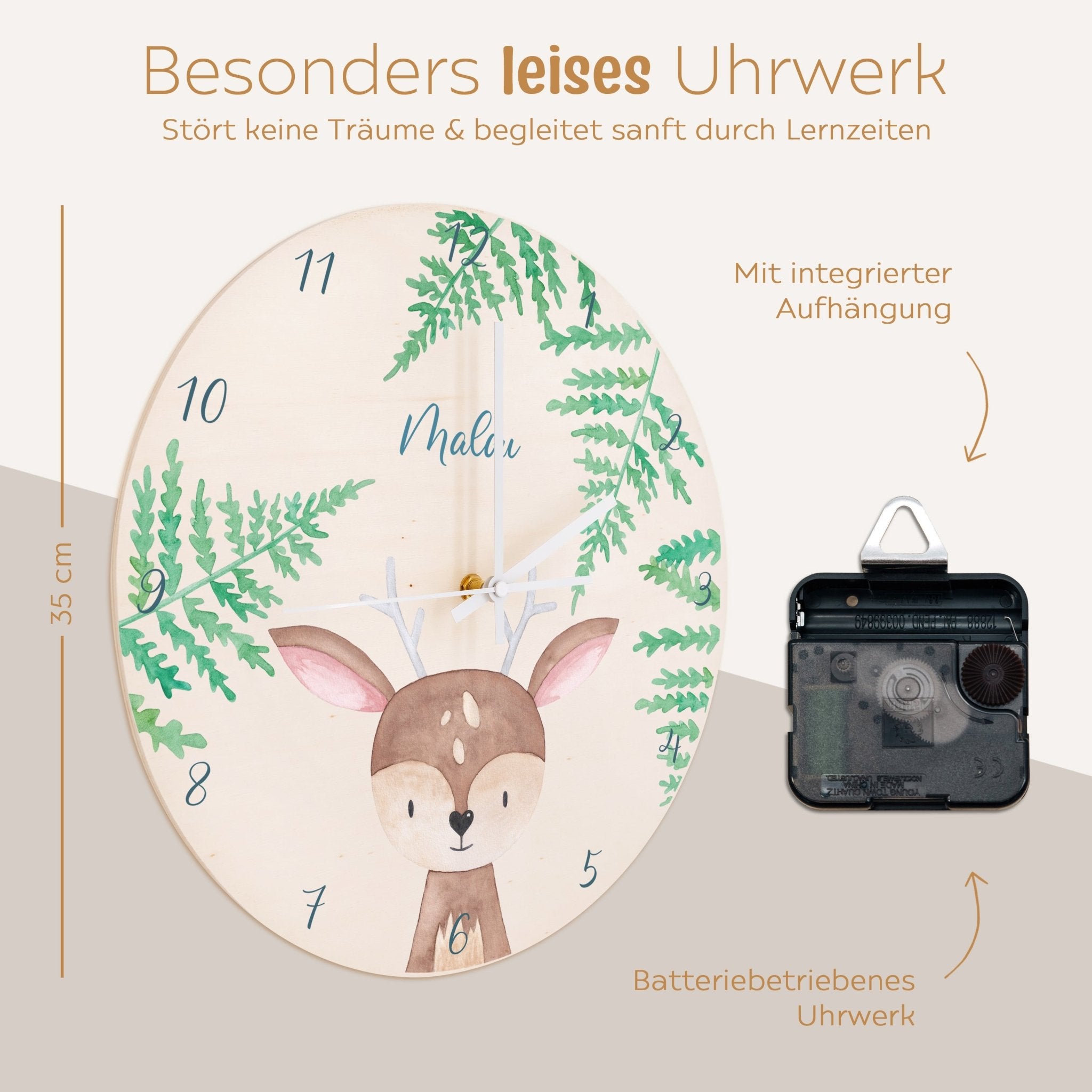 Wanduhr Kinder Holz personalisiert - Tier Farne Aquarell - wunderwunsch