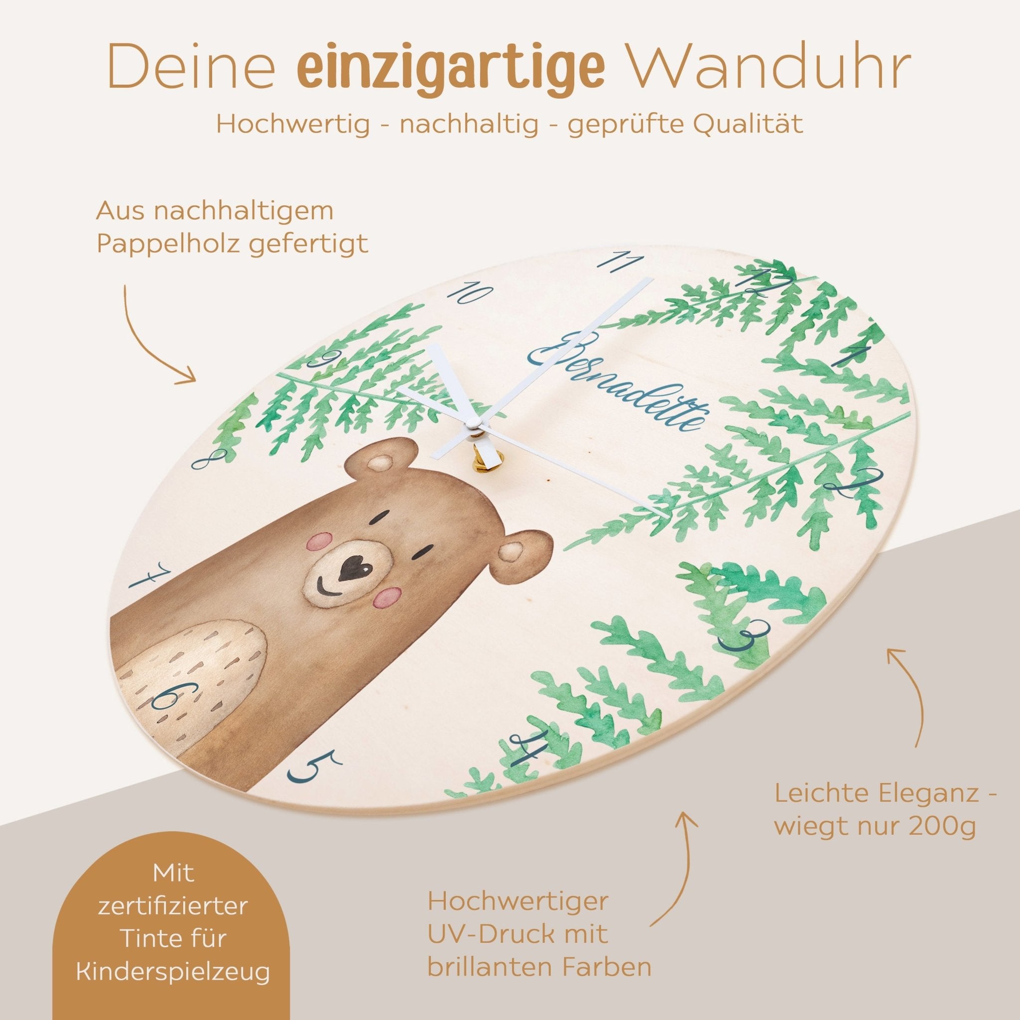 Wanduhr Kinder Holz personalisiert - Tier Farne Aquarell - wunderwunsch