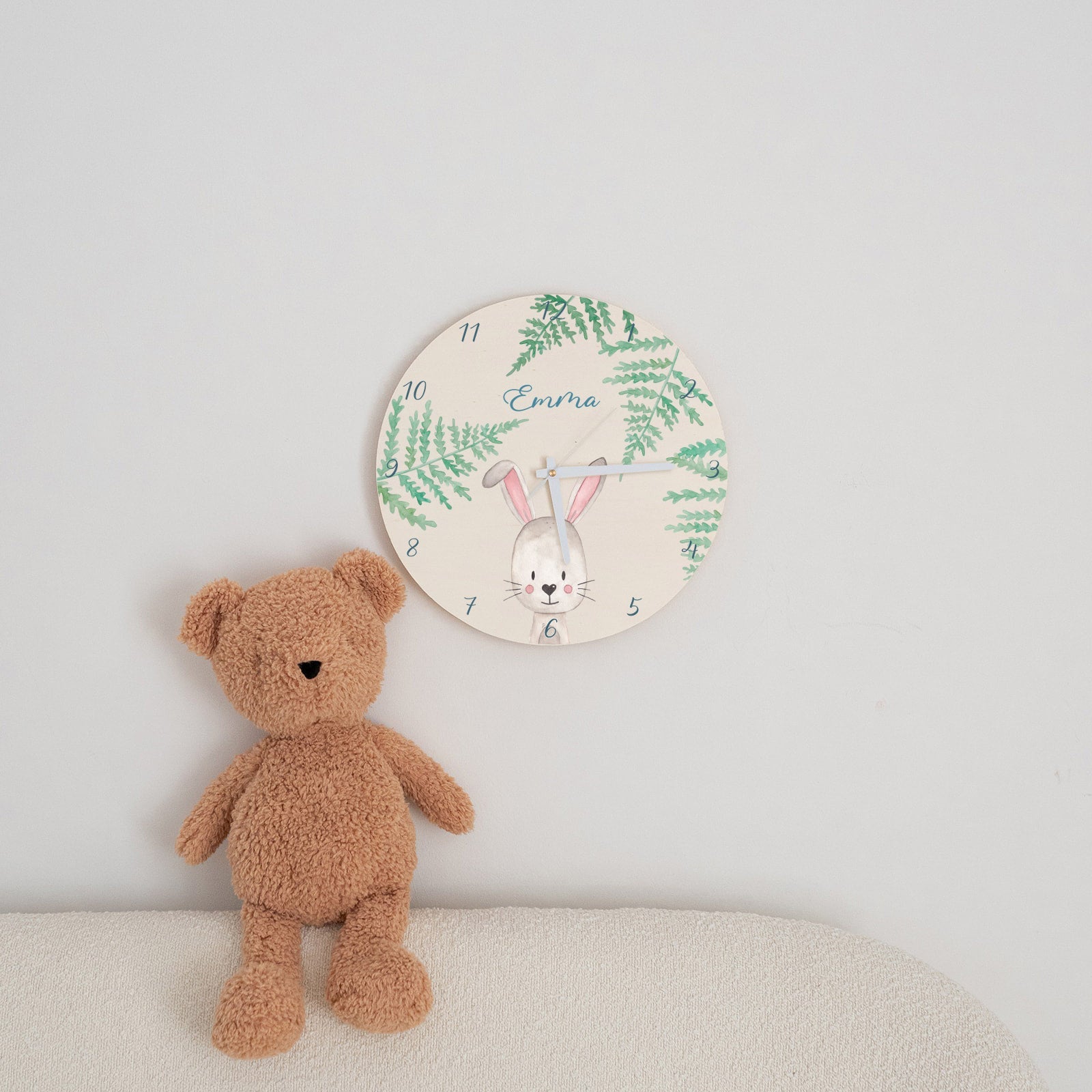 Wanduhr Kinder Holz personalisiert - Tier Farne Aquarell - wunderwunsch