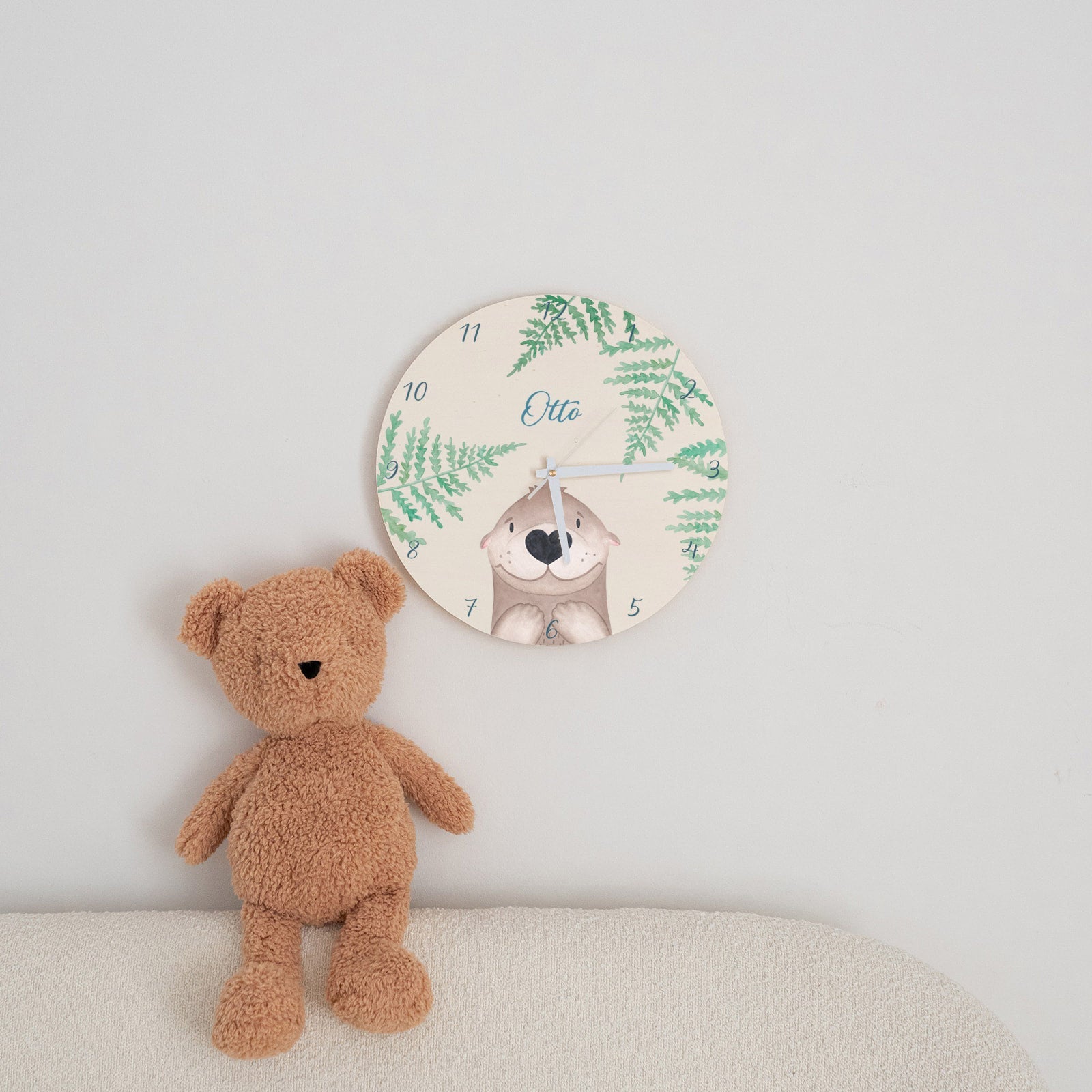 Wanduhr Kinder Holz personalisiert - Tier Farne Aquarell - wunderwunsch