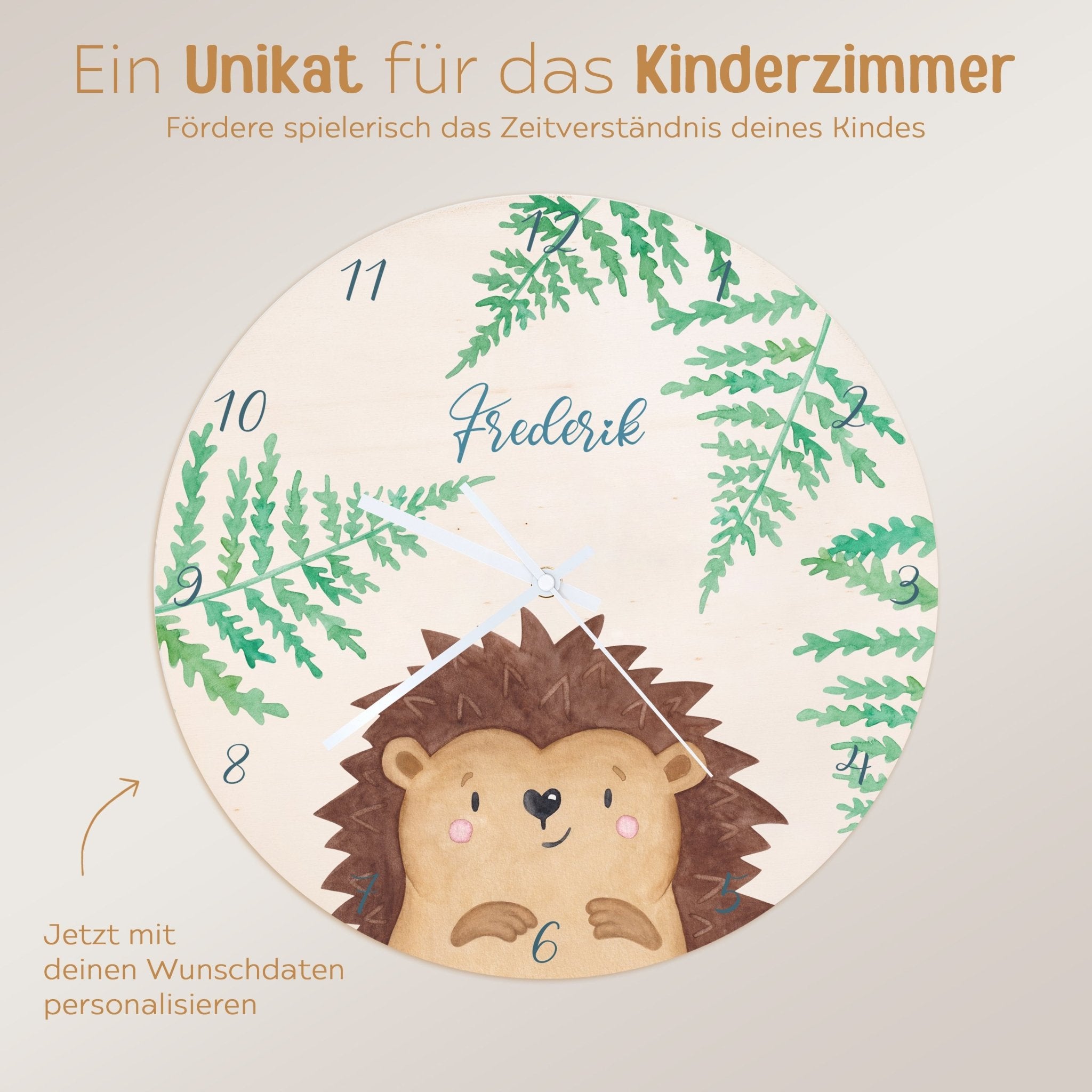 Wanduhr Kinder Holz personalisiert - Tier Farne Aquarell - wunderwunsch