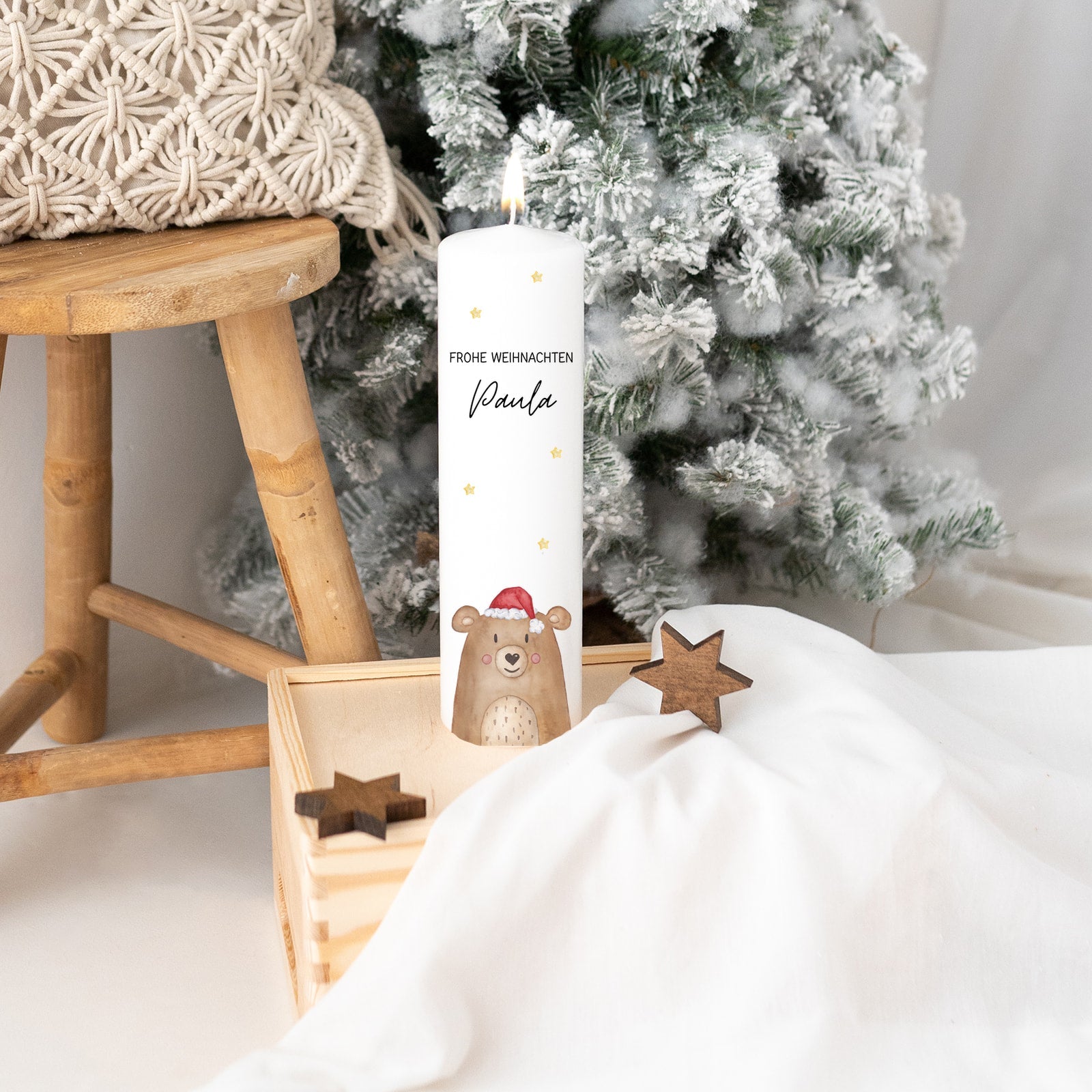 Weihnachtskerze personalisiert - Weihnachtsbär Aquarell - wunderwunsch