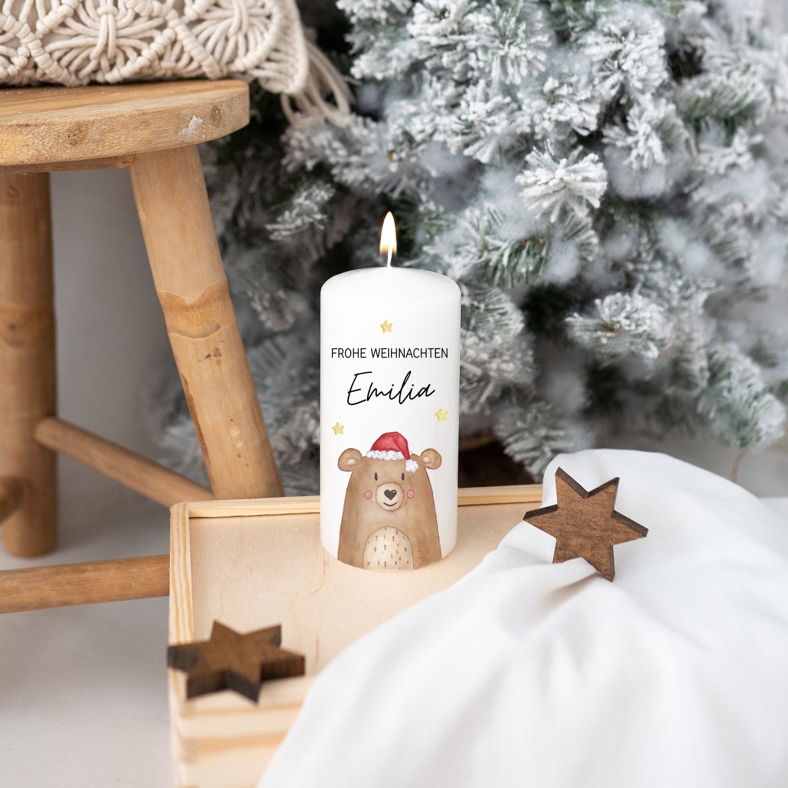 Weihnachtskerze personalisiert - Weihnachtsbär Aquarell - wunderwunsch