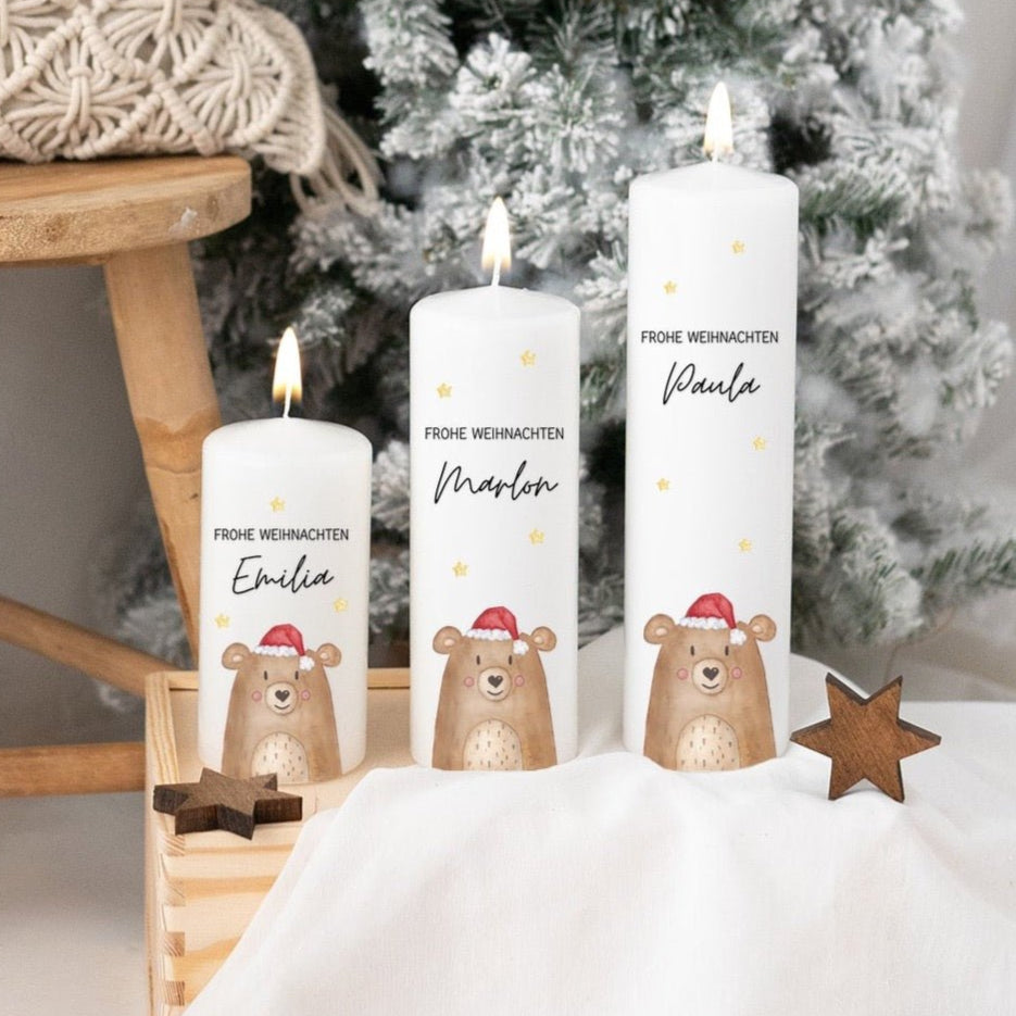 Weihnachtskerze personalisiert - Weihnachtsbär Aquarell - wunderwunsch