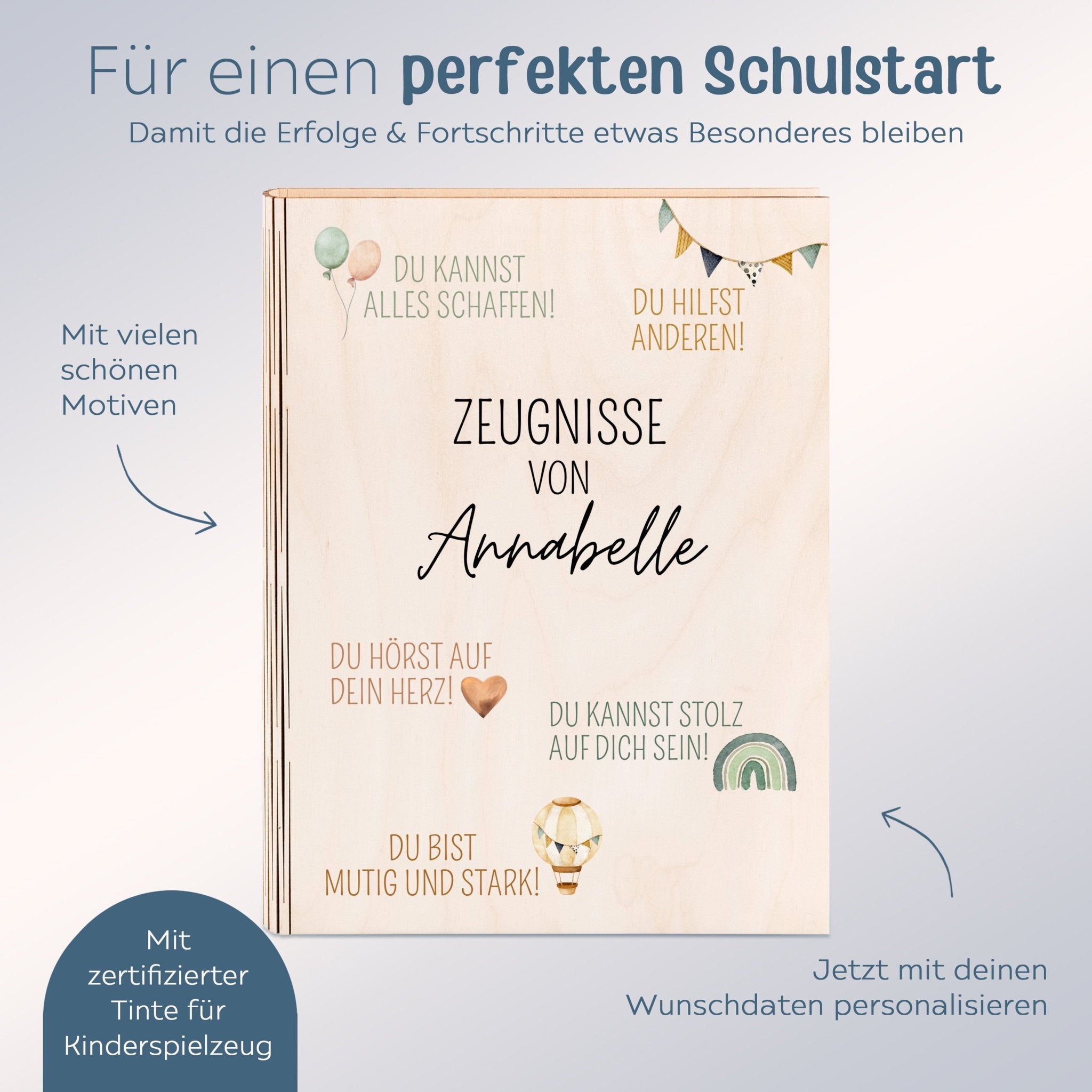 Zeugnismappe Holz personalisiert - Affirmationen Aquarell - wunderwunsch