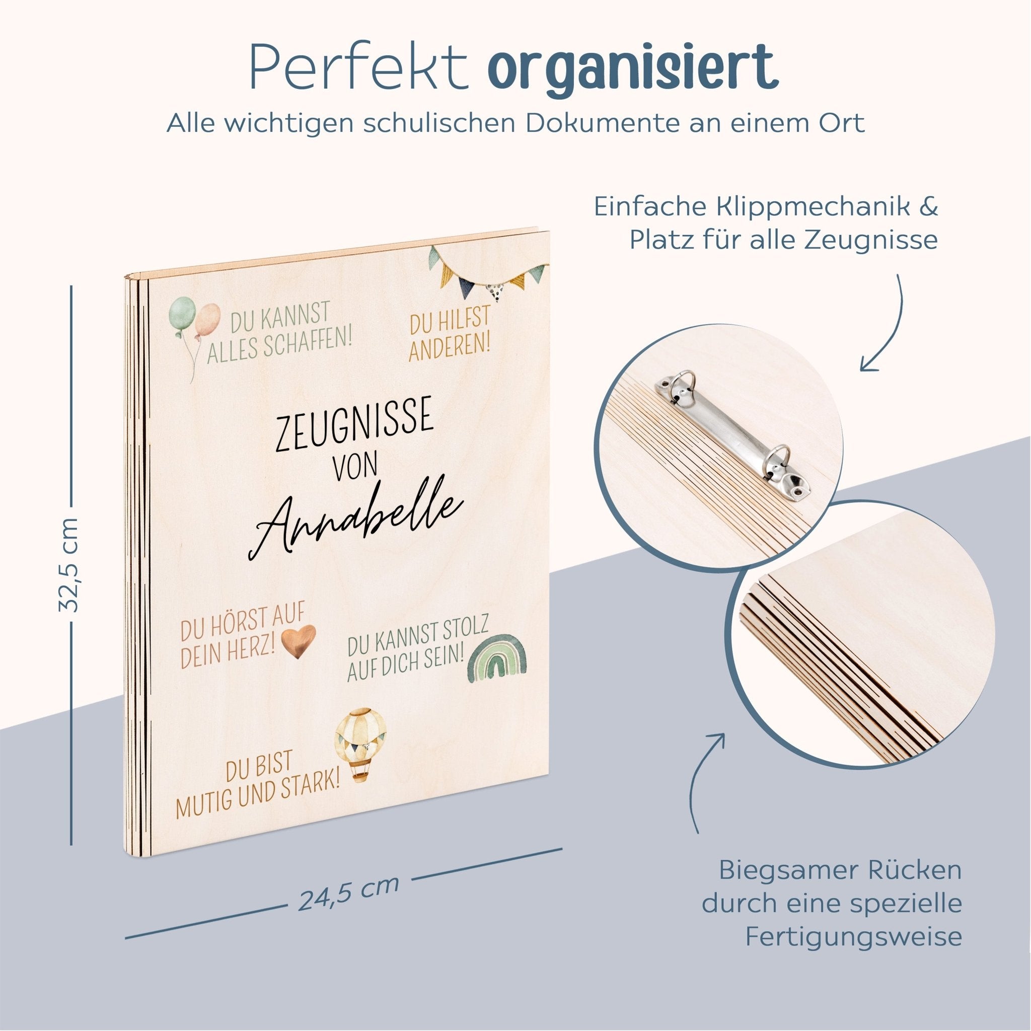 Zeugnismappe Holz personalisiert - Affirmationen Aquarell - wunderwunsch