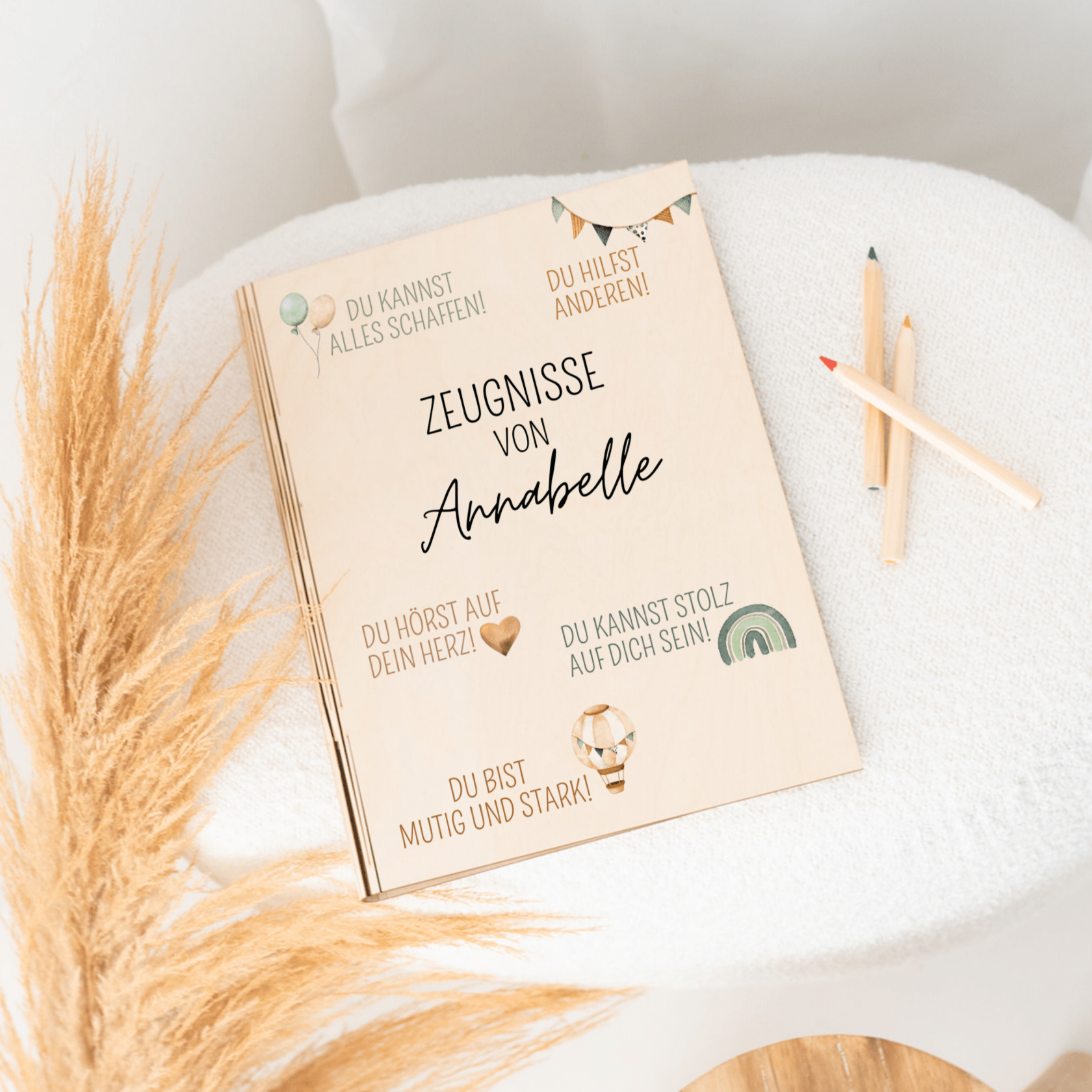 Zeugnismappe Holz personalisiert - Affirmationen Aquarell - wunderwunsch