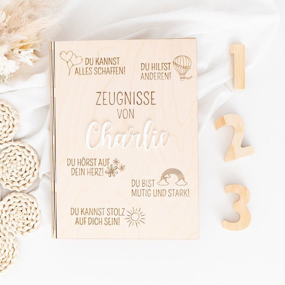 Zeugnismappe Holz personalisiert - Affirmationen Gravur - wunderwunsch