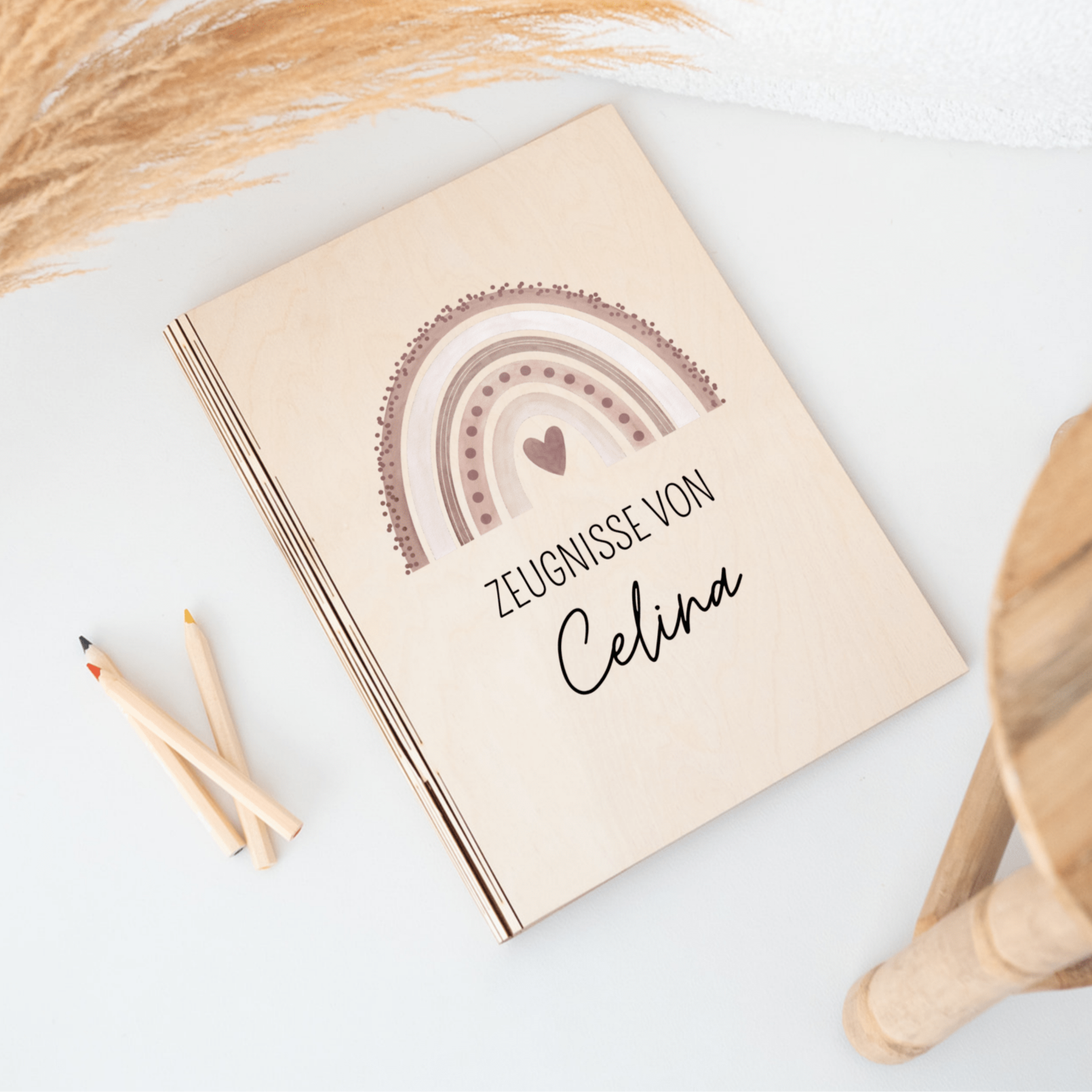 Zeugnismappe Holz personalisiert - Regenbogen Punkte Aquarell - wunderwunsch