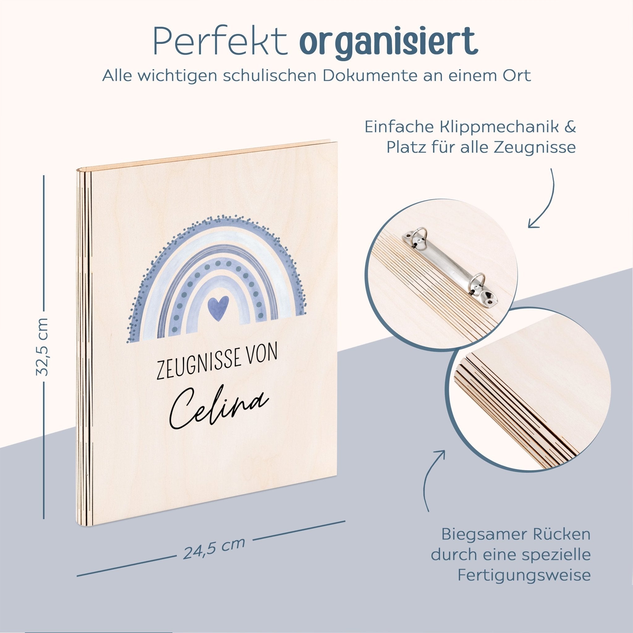 Zeugnismappe Holz personalisiert - Regenbogen Punkte Aquarell - wunderwunsch